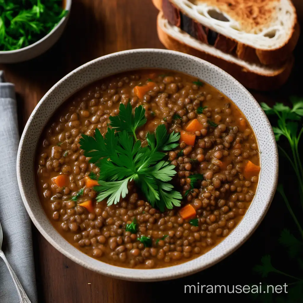 
A bowl of brown lentil soup with parsley garnish