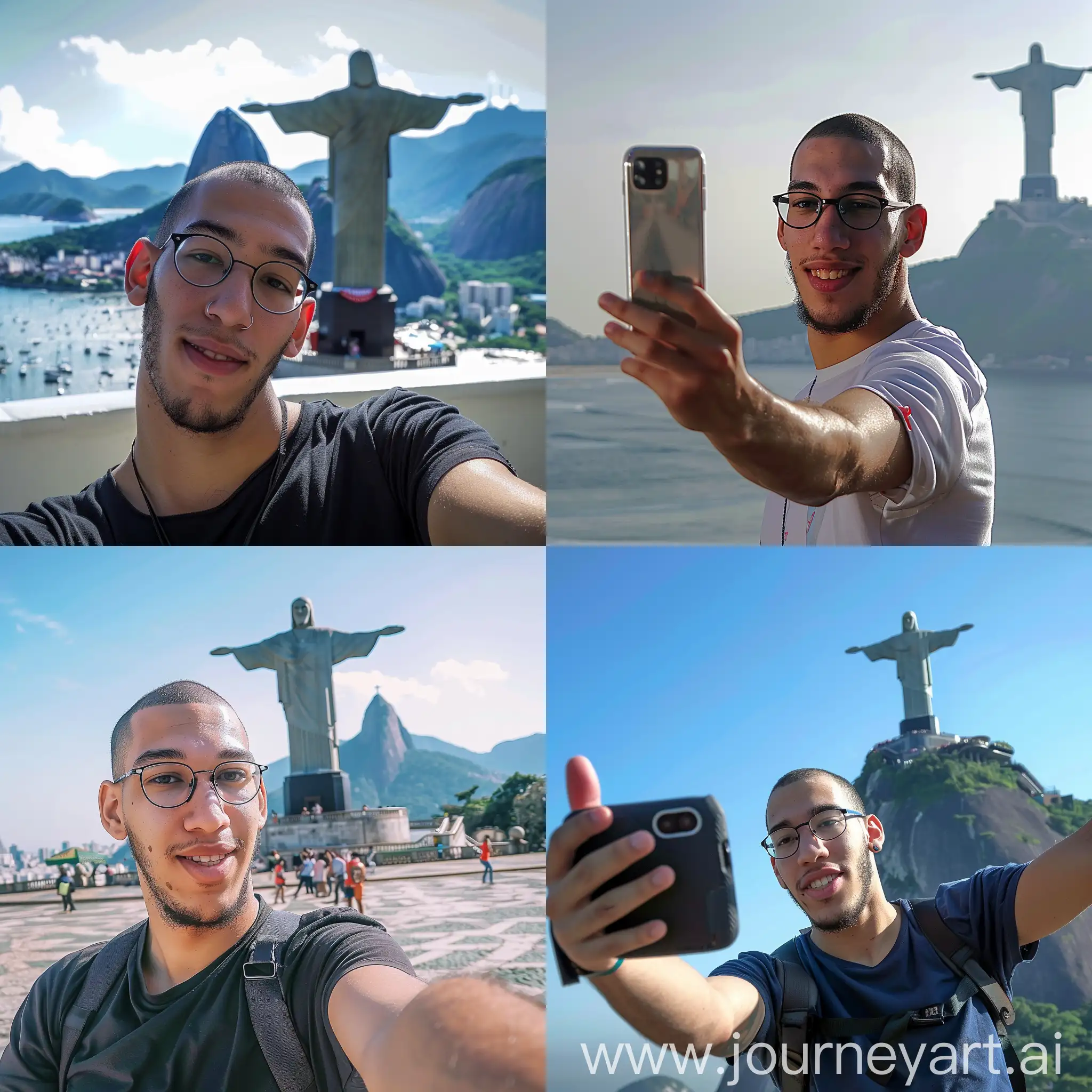 a 24 year old man taking a selfie in Rio de Janeiro, Christ the Redeemer in the background --cref  https://i.pinimg.com/736x/16/09/8b/16098befbca2b28de02529b69c4a1e8e.jpg --cw 0