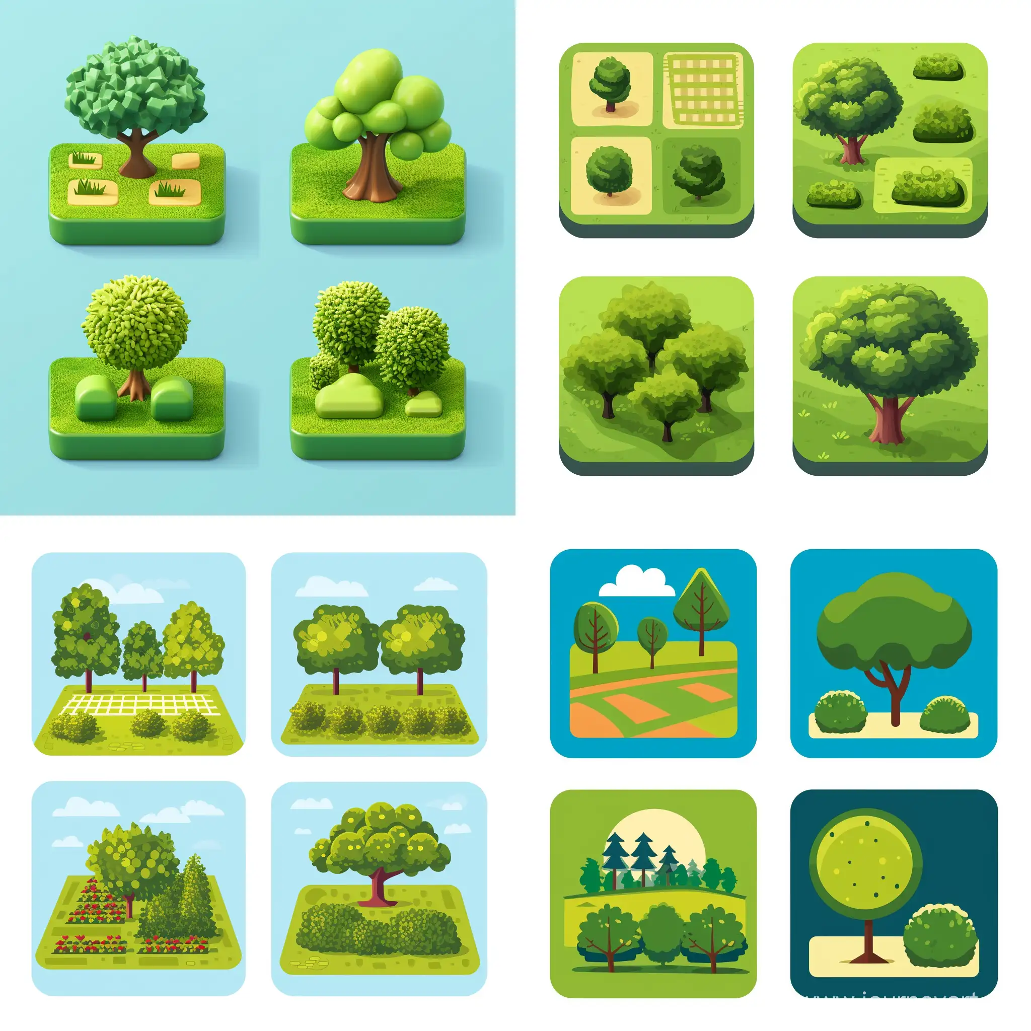 4 square icons in the style of an engineering company, on the 1st icon parks, on the 2nd icon fields, on the 3rd icon trees, on the 4th icon bushes --v 6 --ar 1:1 --no 57