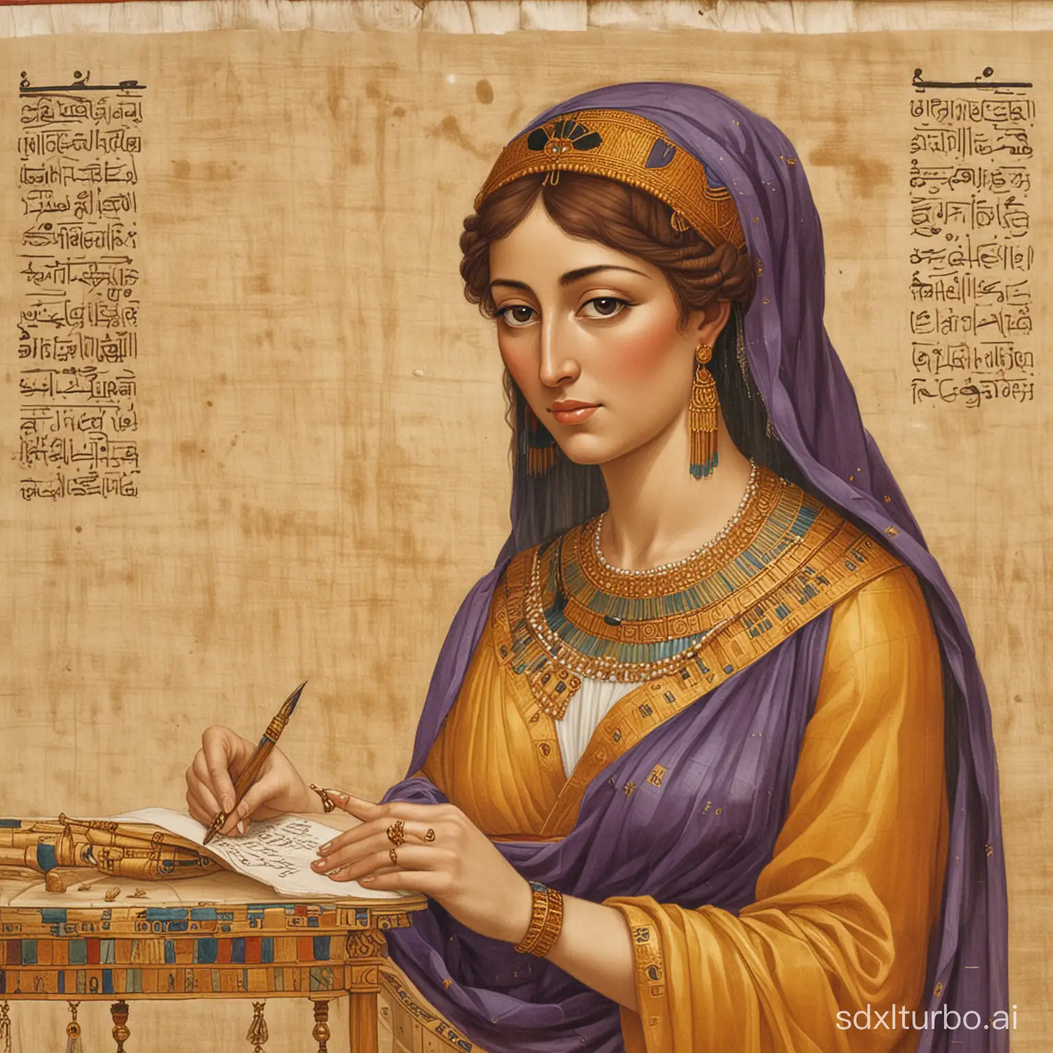 A 35-year-old Ptolemaic queen writing stuff on a papyrus scroll, with reddish-brown hair in a “melon coiffure”, a golden diadem, Hellenistic-style golden earrings with pearls, a white chiton under a purple royal cloak with golden fringes, Hellenistic, Egyptian, photographic