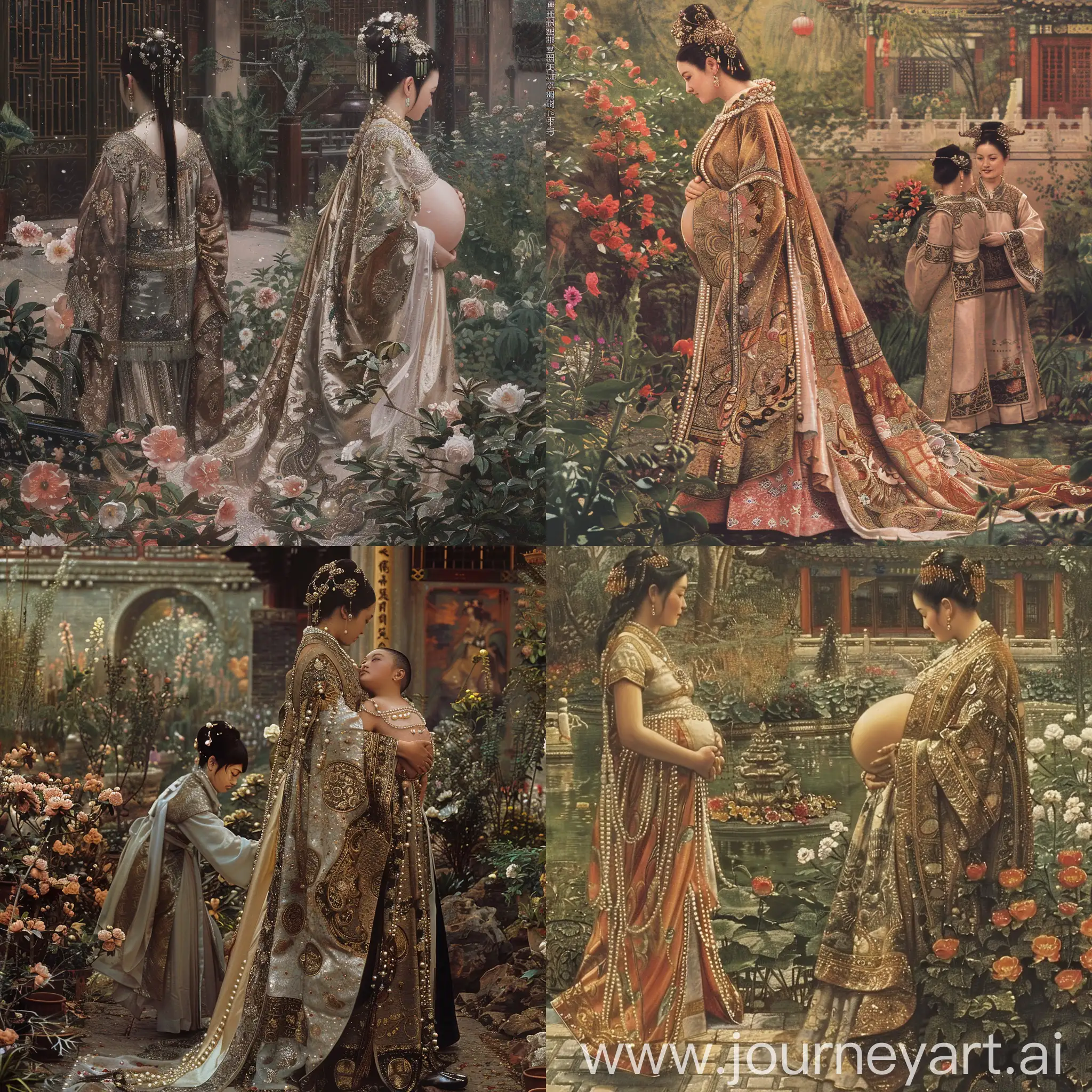 Extravagant-Pregnant-Empress-Admiring-Flowers-in-Magnificent-Imperial-Garden