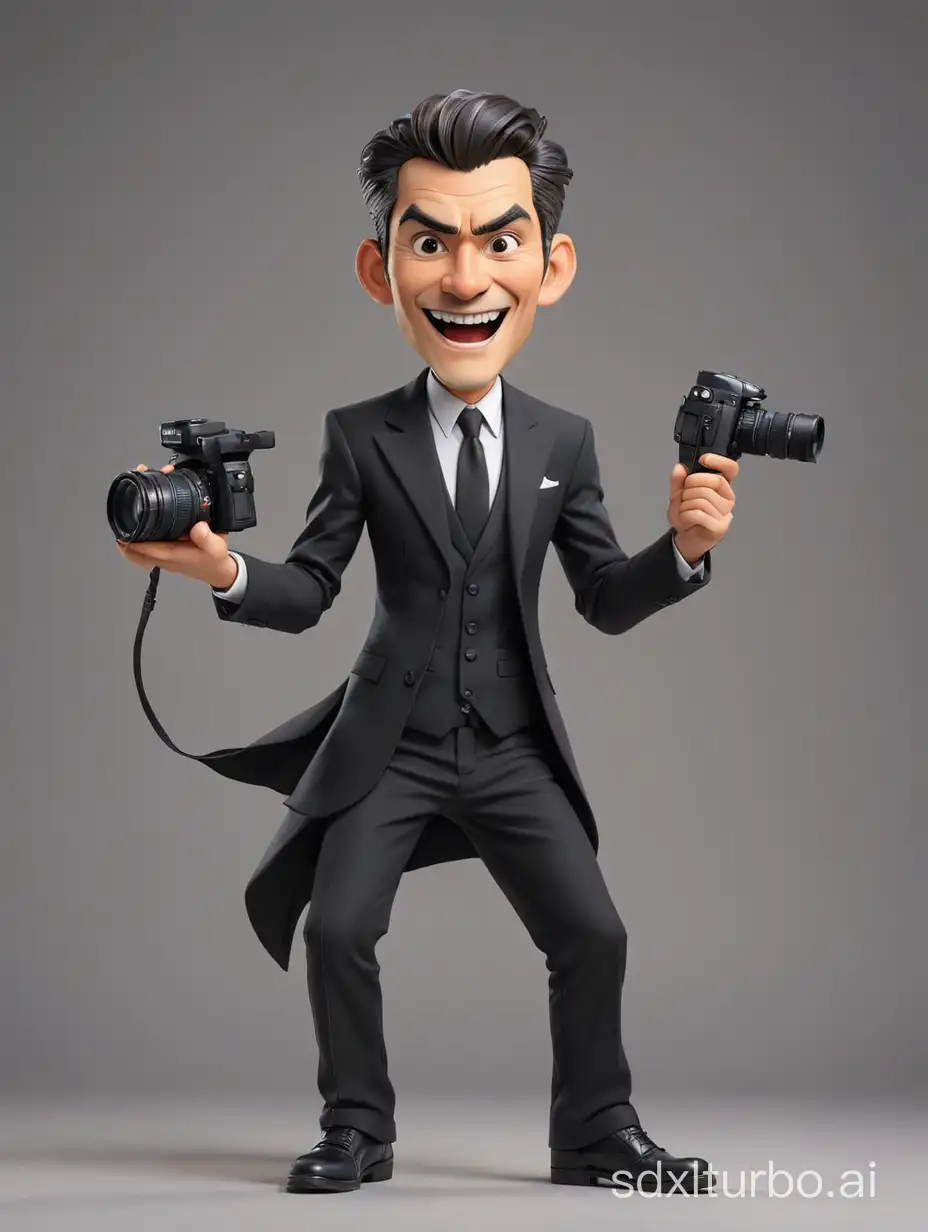 Caricature of photografer wearing black suit costume, fujifilm xt5 camera, gray background