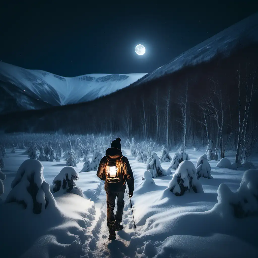 One guy with backpack and beanie walking through a norwegian forest in the night. He is holding a lantern in his right hand. the full moon lit up the snowy landscape with mountains in the horizon

