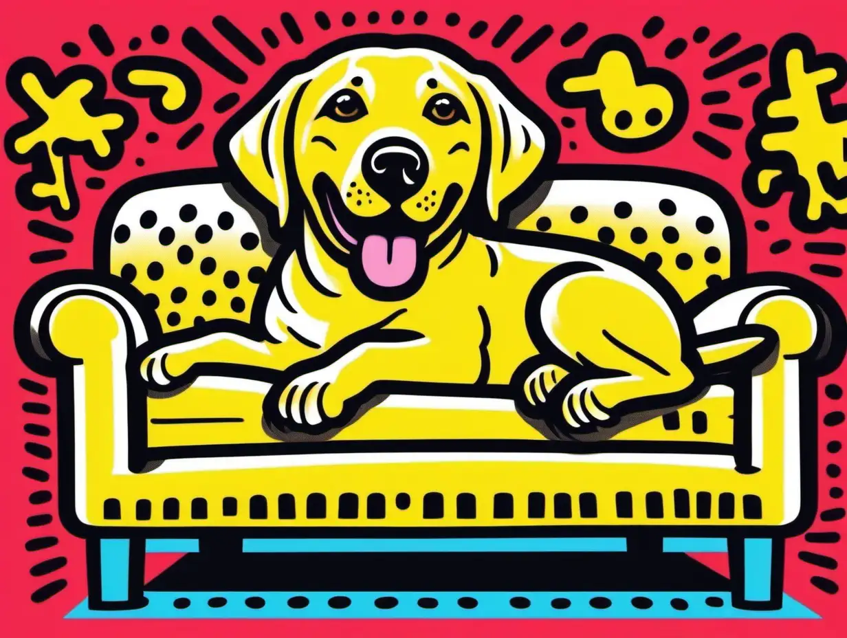 Cheerful Yellow Labrador Relaxing on Couch in Vibrant Keith Haring Style