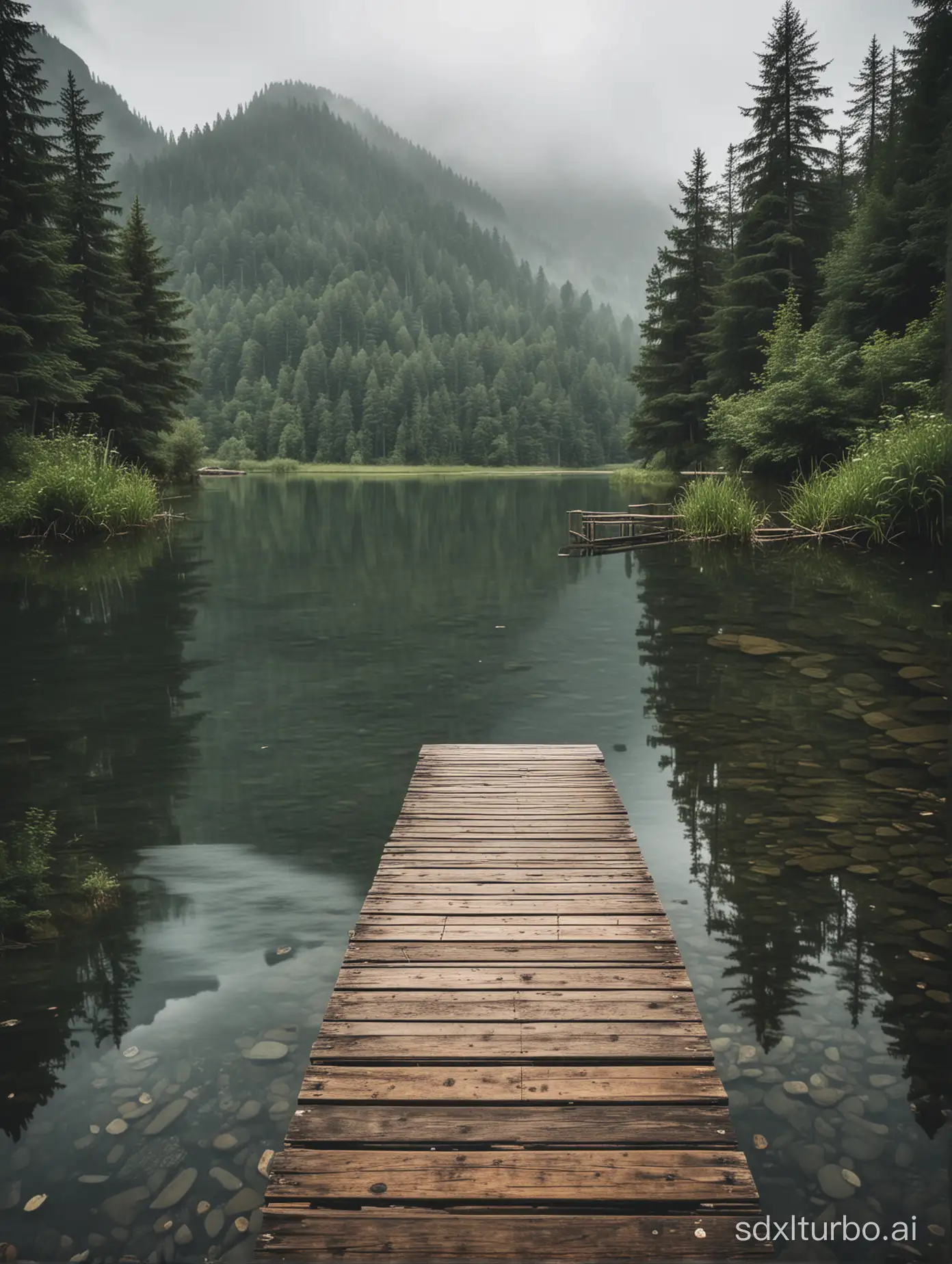 A tranquil lakeside scene, with a wooden dock extending into calm waters. The dock looks very old, indicating it has been exposed to harsh conditions for quite some time. The surroundings are lush, with dense forests and mountains in the background. The sky is gloomy, as rain is imminent.