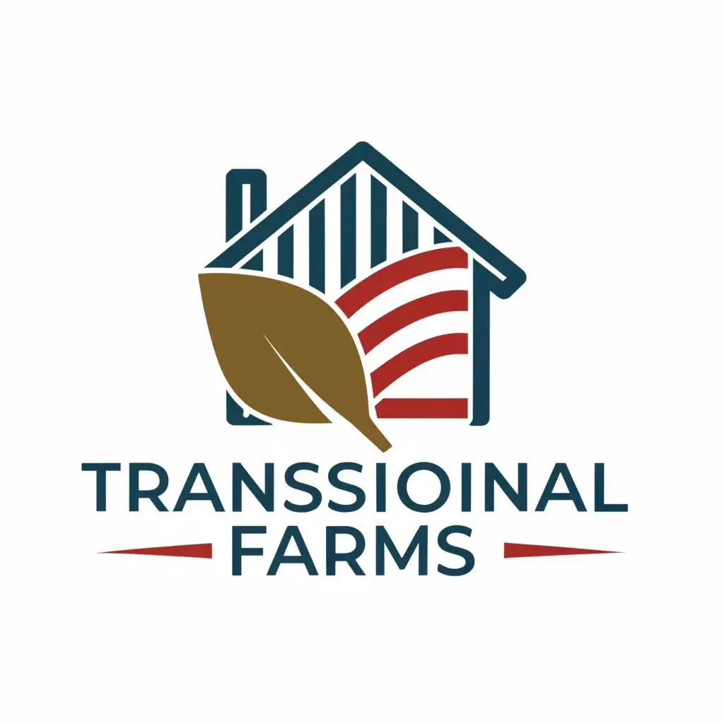 a logo design,with the text "Transitional Farms", main symbol:Home, with a plant, representing farming, patriotism, American flag that looks like a home, watering plants, growth,complex,be used in Nonprofit industry,clear background