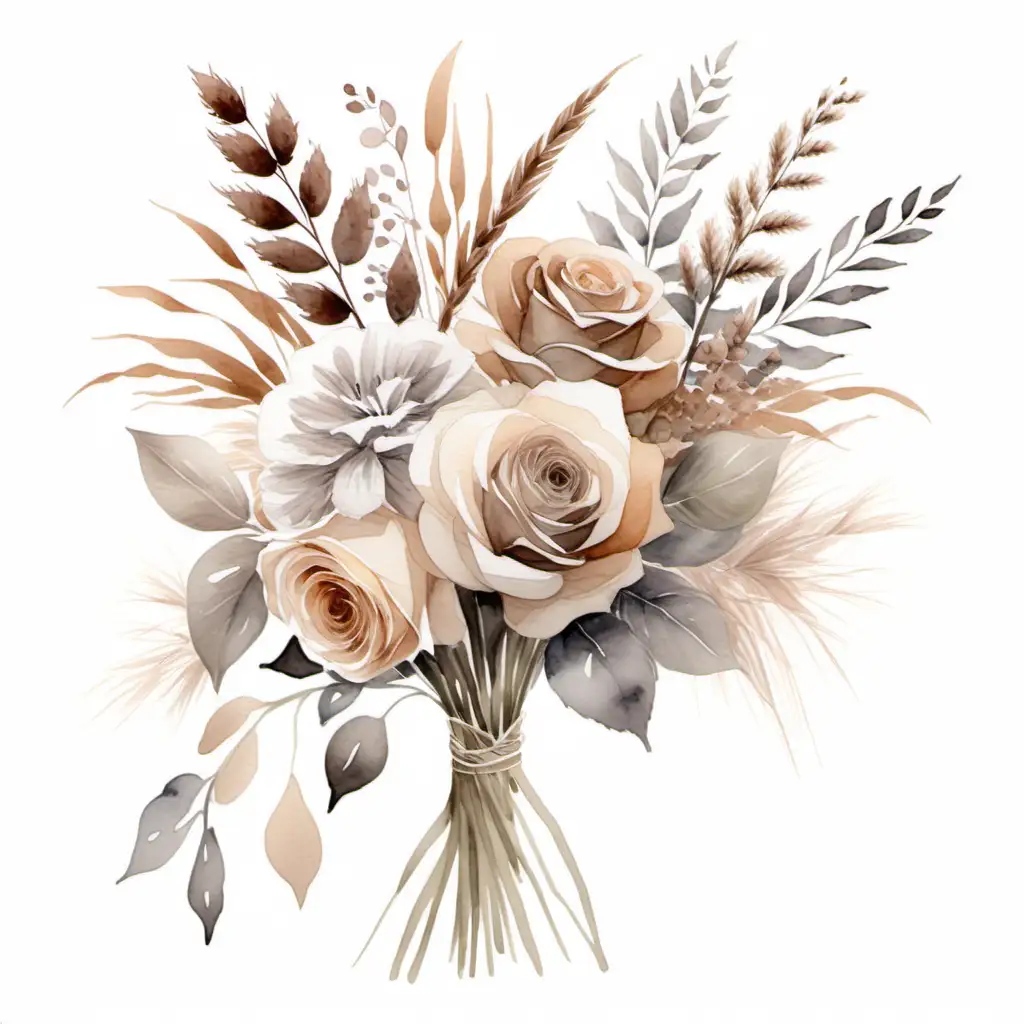 loose brush watercolour painting bouquet, neutral colours i.e. brown, beige, grey, nude. Flowers including roses, pampass grass and hydranges, isolated on a white background