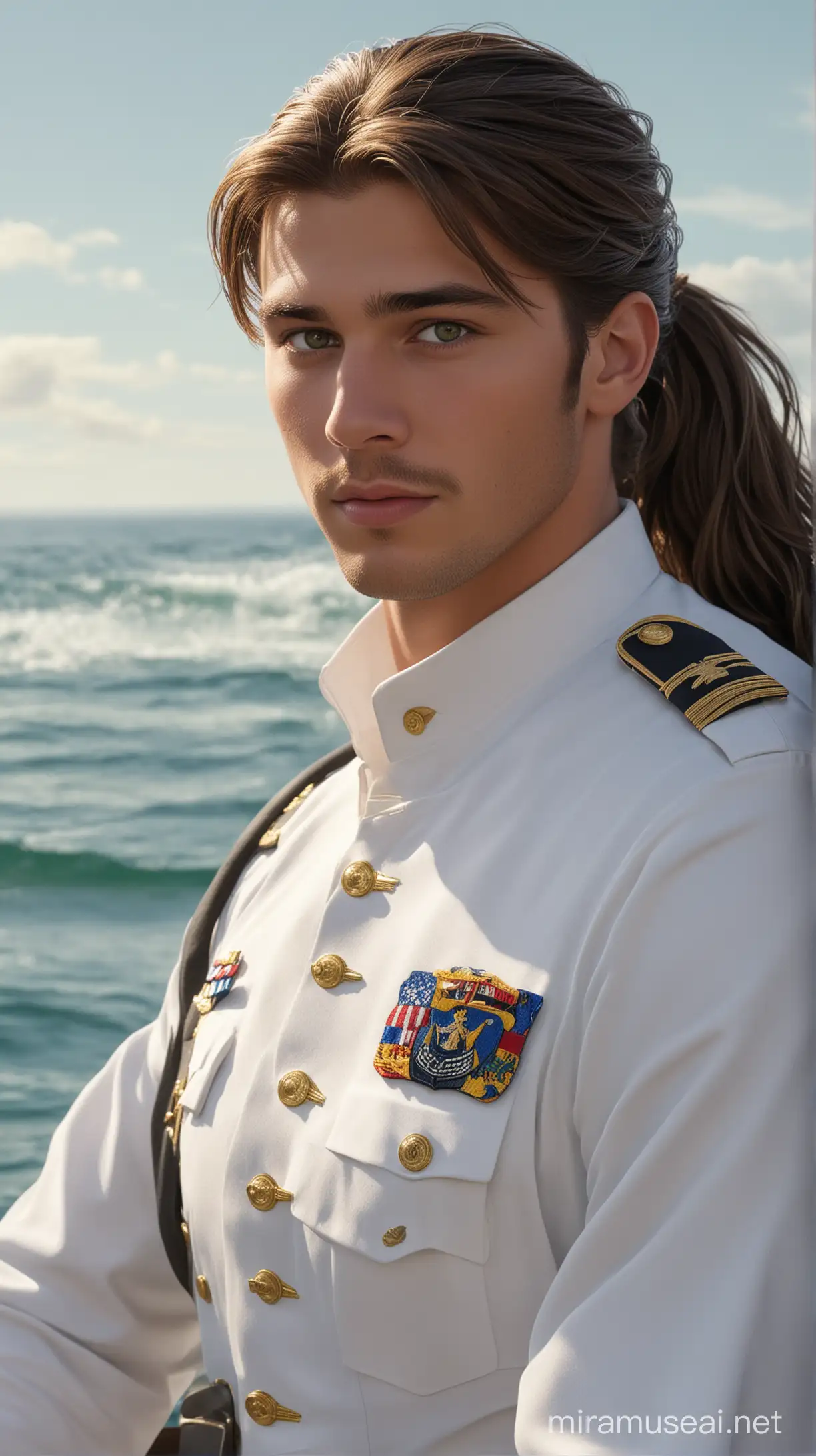 in a sea natural background military there are disney prince John Rolf  is  man America 21-year-old and with long dark brown hair tied in a low ponytail and green eyes and white military uniform  navy and muscled an face beautiful 8k re solution ultra-realistic