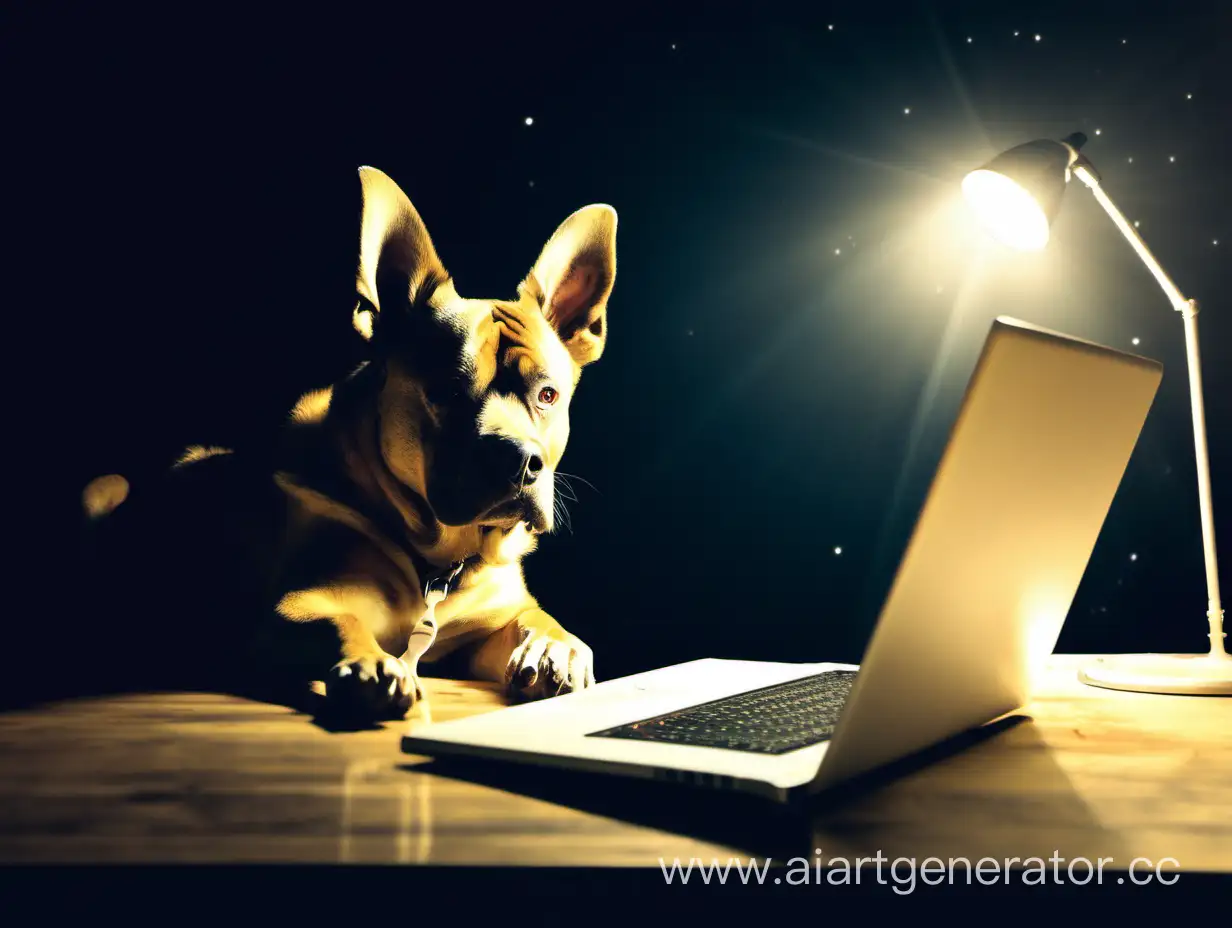 Усталая собака ночью сидит за ноутбуком и пишет код