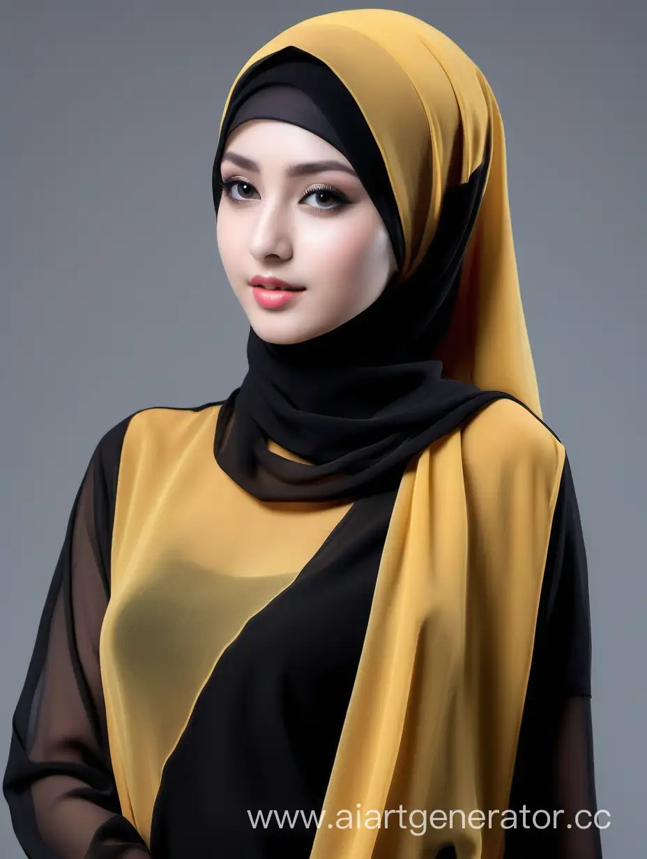 Девушка восточной внешности, шифоновый хиджаб желтого цвета, черная блузка из шифона (монотонного цвета), большая грудь, высокая детализация