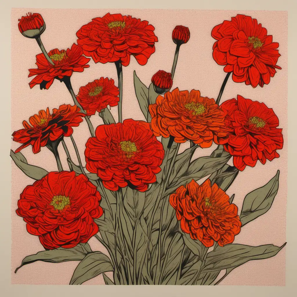 /imagine prompt HAND PRINTED, MANY SMALL ZINNIA FLOWERS,RED, WITH ORANGE BUD, BOTANIC ELEGANCE, ANDY WARHOL INSPIRED