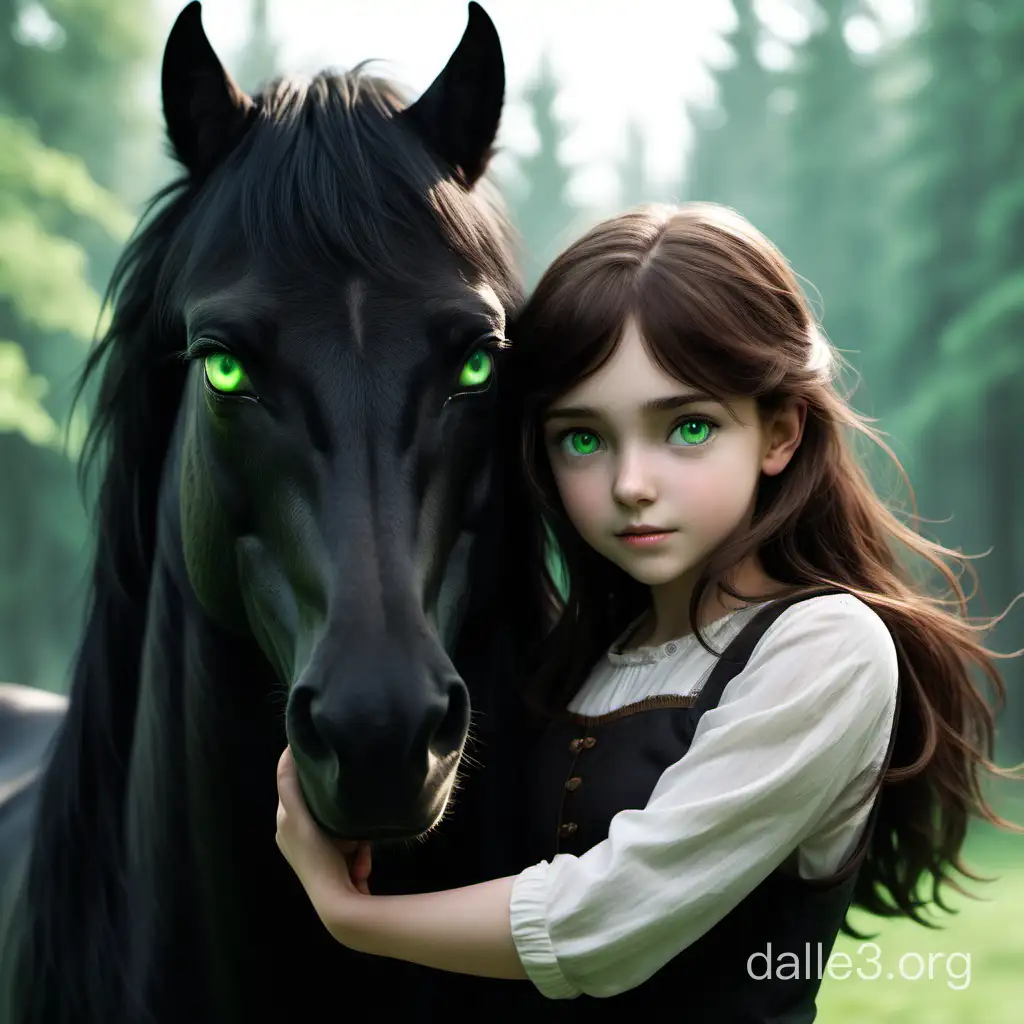 девушка с коричневыми волосами и зелеными глазами, обнимает лошадь черного цвета, рядом стоит коричневый волк
