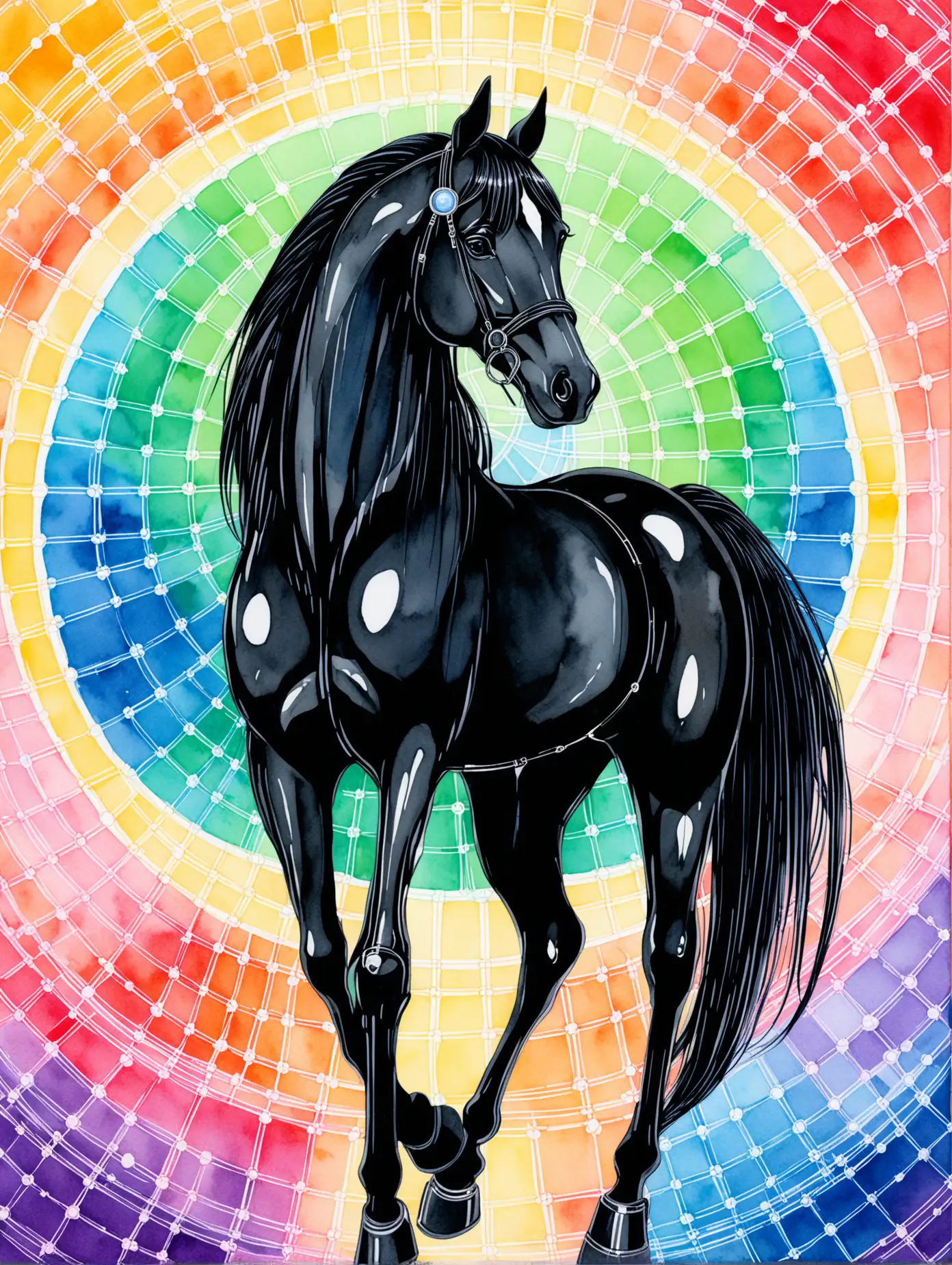 Futuristic Black Horse in Matrix Computer Theme Detailed and Vivid Watercolor Art Inspired by Hilma af Klint