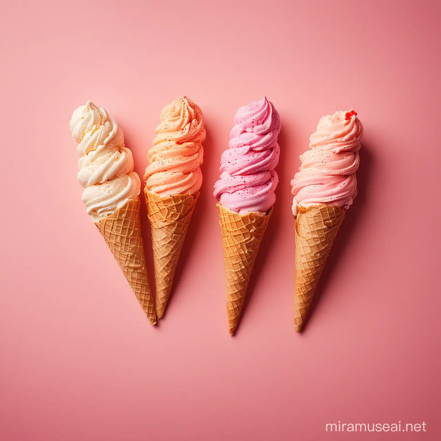A studio shot of twisted ice creams. The number of ice creams is 4. The first ice cream is pink, the second is cappuccino, the third is tangerine and the fourth is iced raspberry. I want a theme around the ice creams, such as some splashes or glows. Each ice cream has only one colour. Each ice cream has the same cone. Light red background. Ultra-realistic.