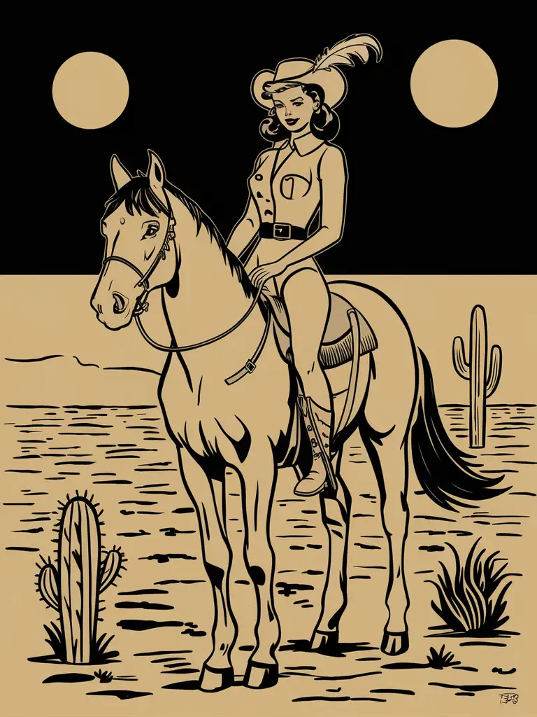 Vintage design, stencils, simple, minimalism, vector art,, Pinup style, Sketch drawing, flat, 2d, vintage style, Vintage lady Cowgirl riding horse ,overview , black and white color