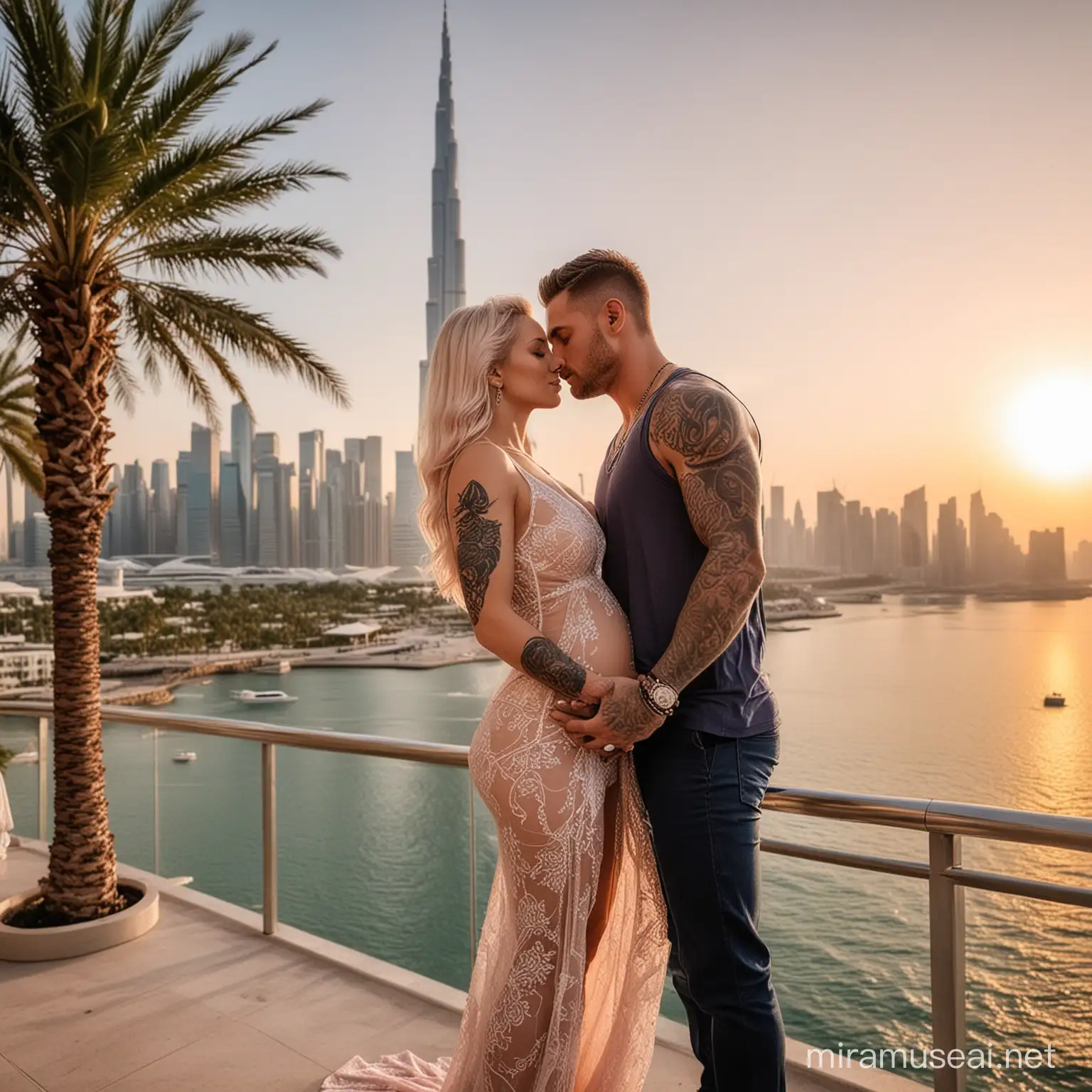 Muscular Man and Pregnant Wife Kissing at Sunrise with Mountain and Sea Background