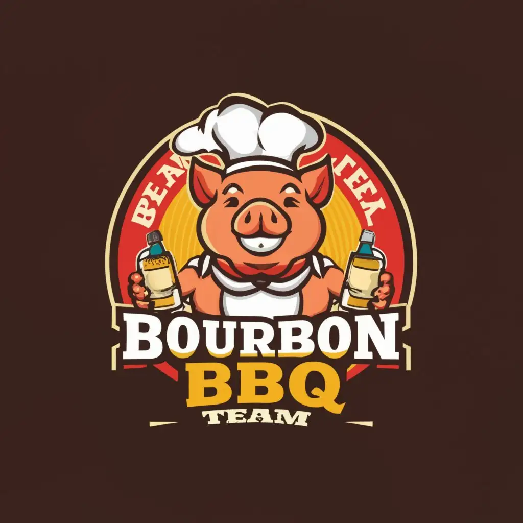 a logo design,with the text "Bourbon BBQ Team", main symbol:pig with a bottle of bbq sauce and kentucky bourbon,Moderate,clear background