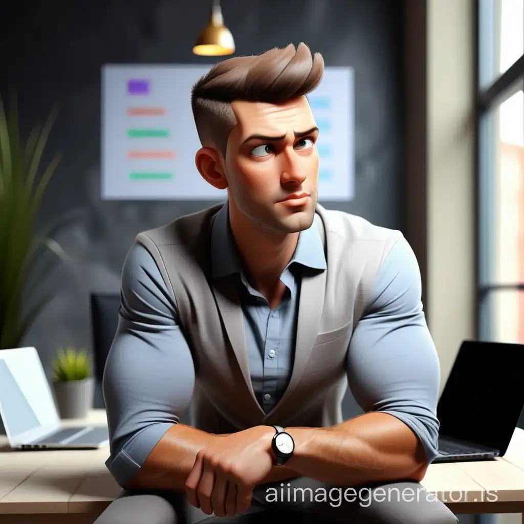 Attractive man is thinking about creating a business startup. Modern background