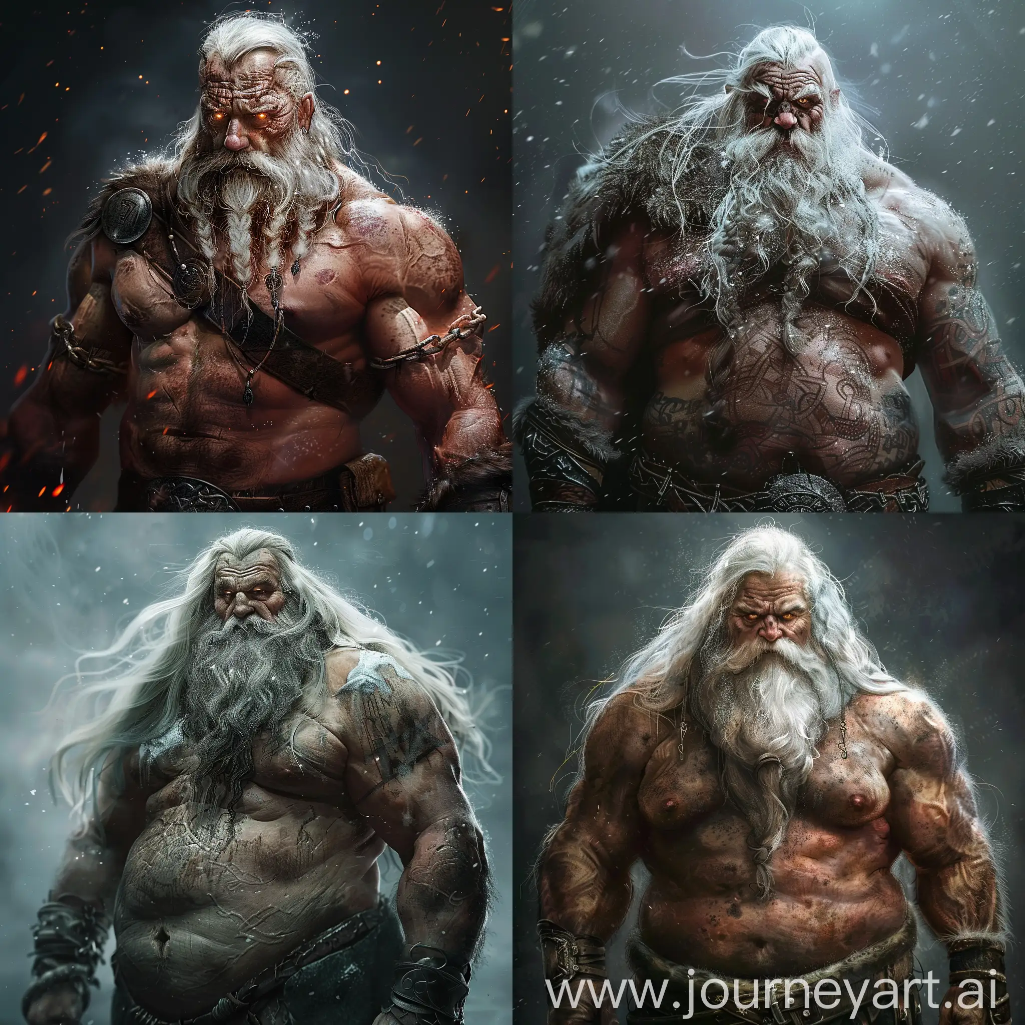 realistic,dark fantasy,overweight viking king,His body, once strong and muscular, has now become more rounded and heavy with age and a quiet life, His hair turned as white as snow, and his beard was long and thick, However, his eyes are still burning with fire and determination, as if he is ready to return to the battlefield at any moment, 