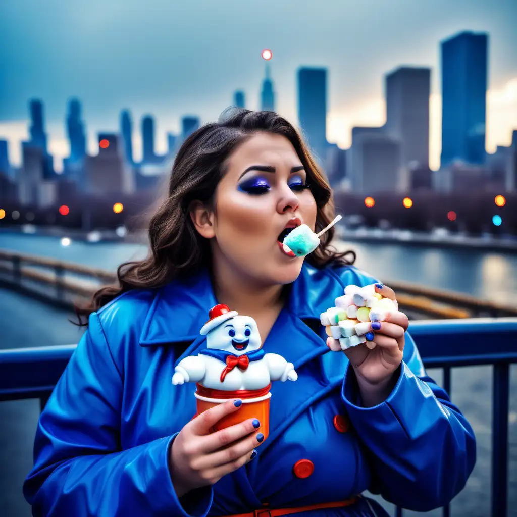 Voluptuous girl, dressed in blue, eating stay-puft marshmallow man. City background, raining colorful marshmallows