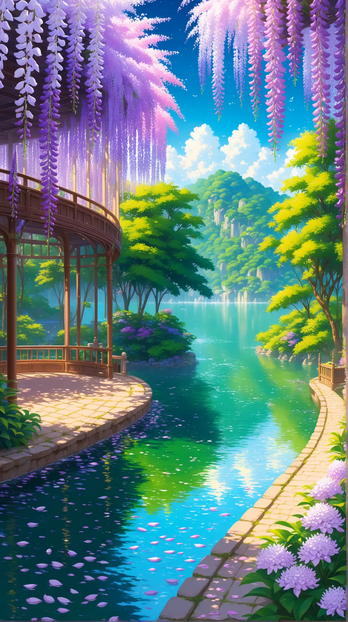 Ghibli Garden Dreams Mesmerizing Wisteria and Lily Piers in Ultra Detailed 3D Render