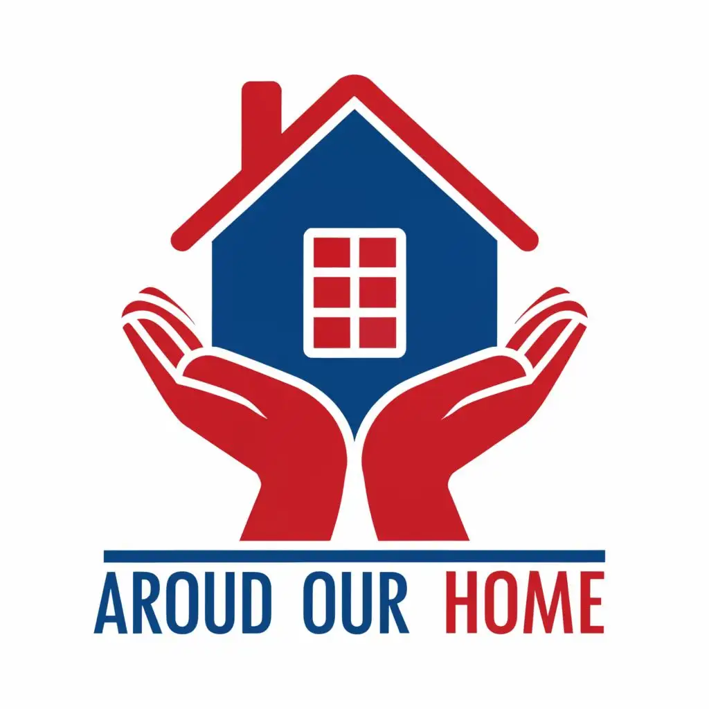 logo, a house in red white and blue being held by a hand, with the text "Around our Home", typography