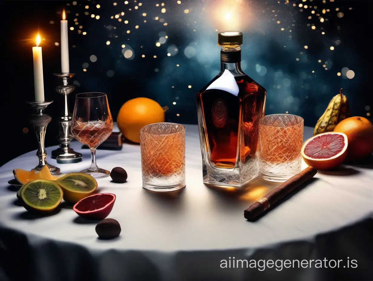 Come up with and depict a background for a greeting card for an adult man, a barely visible silhouette of a festive table with a bottle of expensive whiskey, a crystal whiskey glass, elite chocolate and exotic fruits, an expensive cigar on the table, a barely noticeable image of light sparks along the edge of the image, holiday, luxury and wealth, artistically, modern art, avant-garde, watercolor and acrylic, pastel colors, ornament around the perimeter of the image