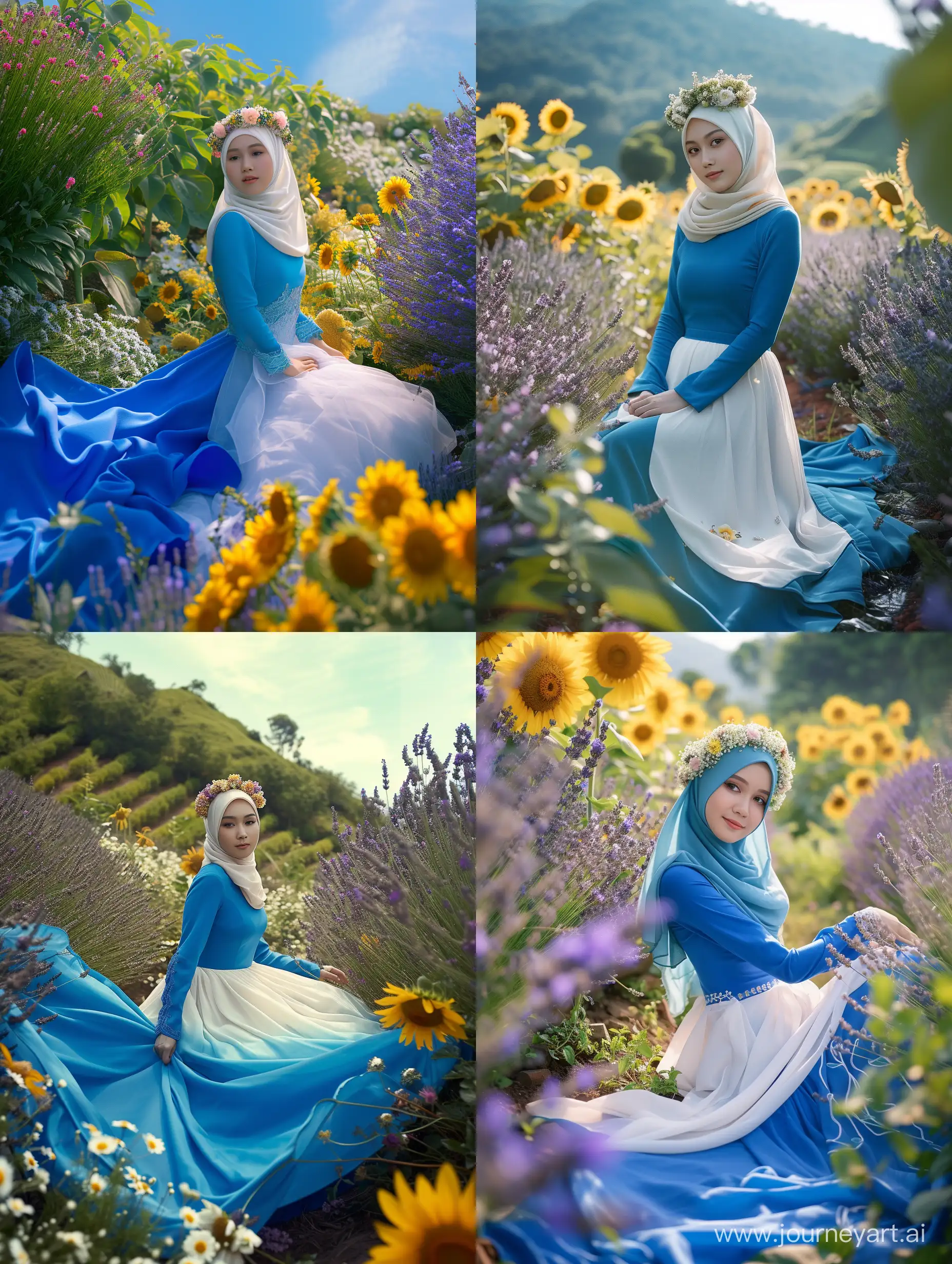 an Indonesian wearing woman wearing a blue dress at the top and white at the bottom, part of the dress is covered by the hijab, there is a flower crown on her head, sitting in a flower garden landscape there are lavender, jasmine, sunflowers, portrait photo, photography, original HD. Ultra HD bright, true photo, high detail, very sharp, 18mm lens, realistic, photography, Leica camera