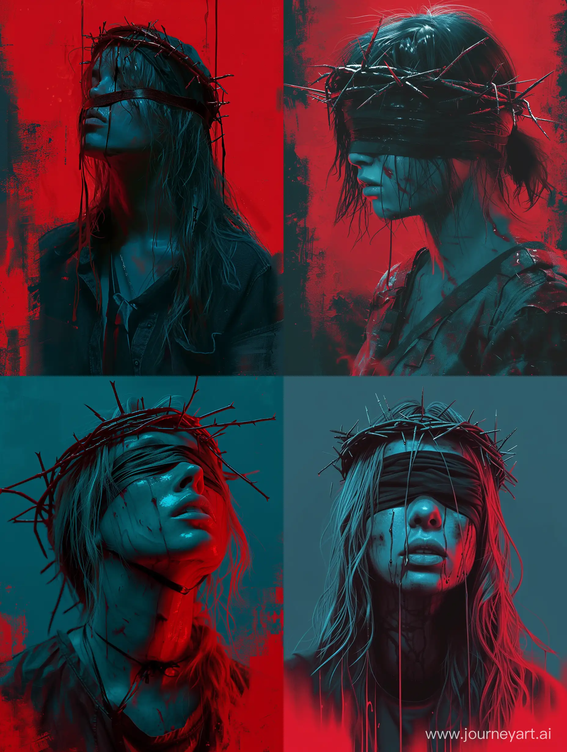 girl, Crown of thorns, blindfold,on a red background, in the style of sam spratt, aggressive digital illustration, photorealist details, intense action scenes, dark cyan and red, realistic hyper-detailed portraits, trapped emotions depicted