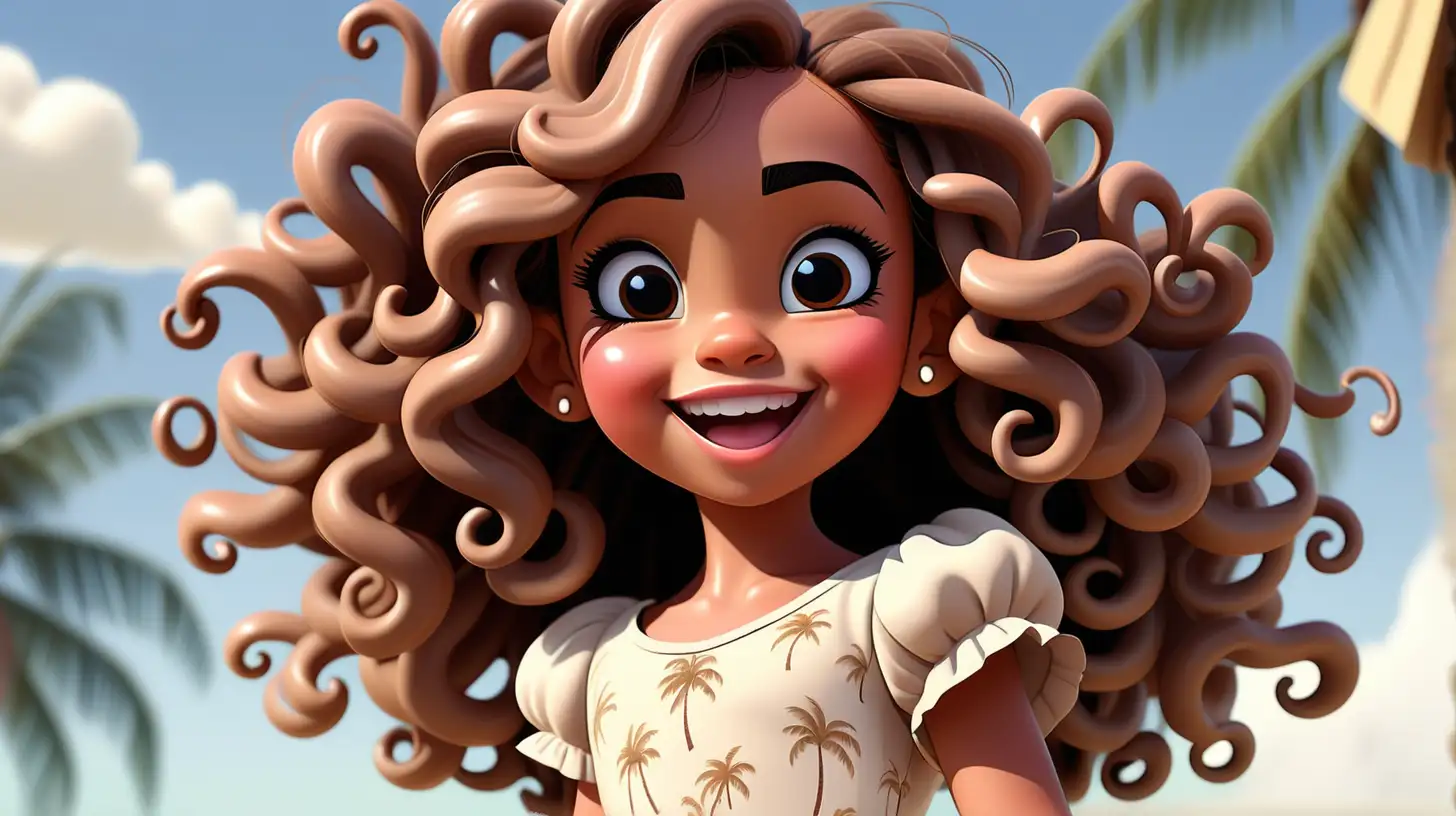 A beautiful  7 year old girl, cute, light brown skin, big hazel eyes long black eyelashes, blush,beautiful lips, round face, JUMPING IN THE AIR, BEACH, PALM TREES, eyes  up  left  , extremely long brown detailed curly hair, dress, disney style, cartoon character, happy smirk, sun light shining on her face, blue sky, clouds, 