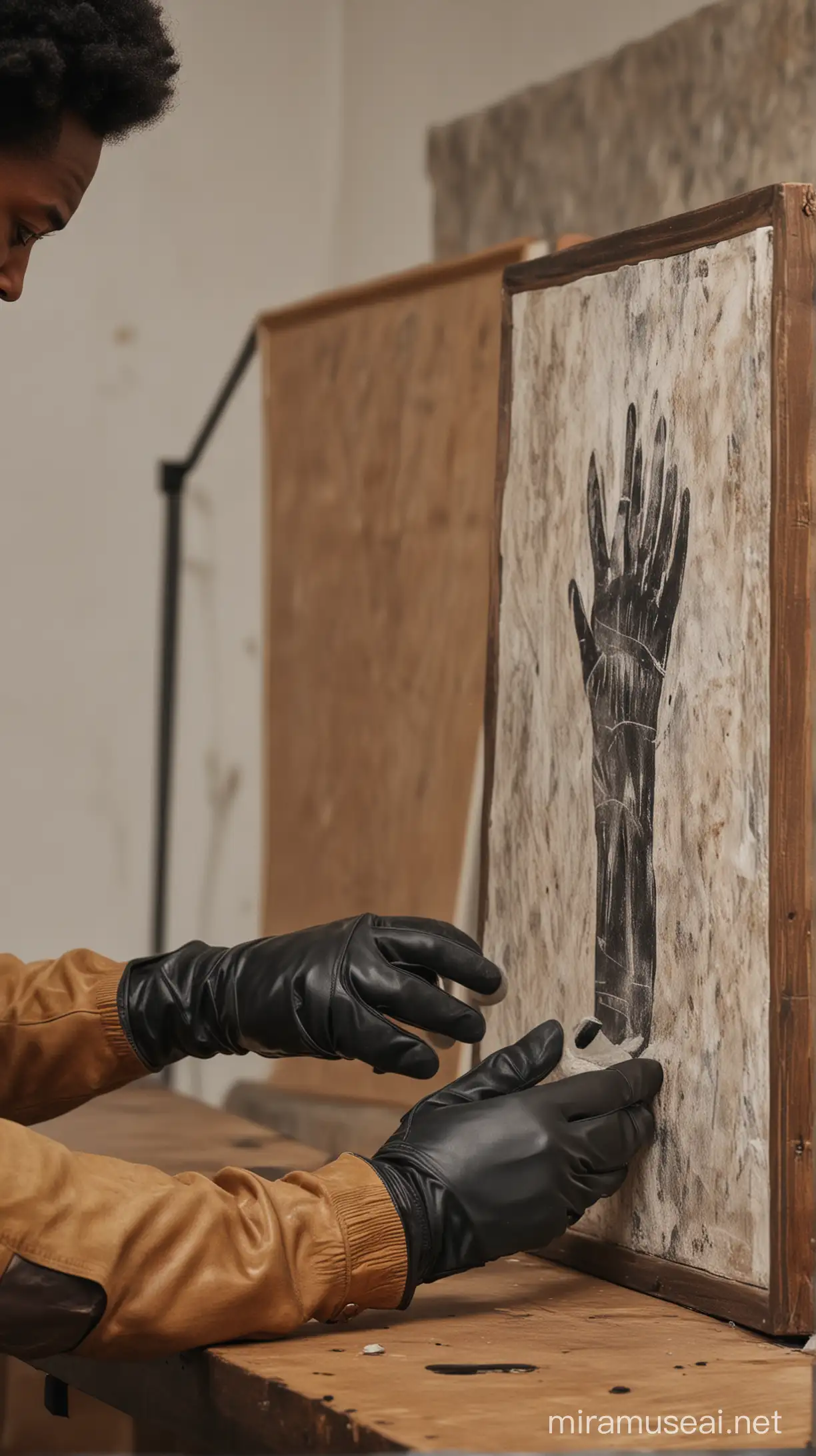 close-up shot of a black person with gloves on trying to lift an artwork from a table
