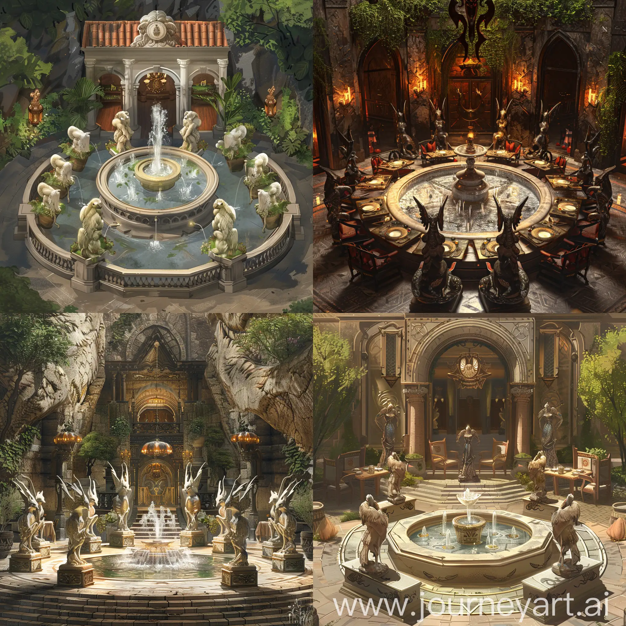 In a high end area of a Fantasy World, a luxury restaurant with an impressive entrance with 8 harpy statues around a fountain.