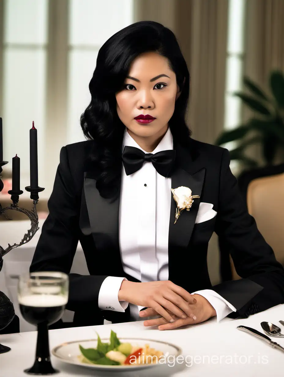 Elegant Vietnamese Woman in Tuxedo at Formal Dinner | AI Image Generator