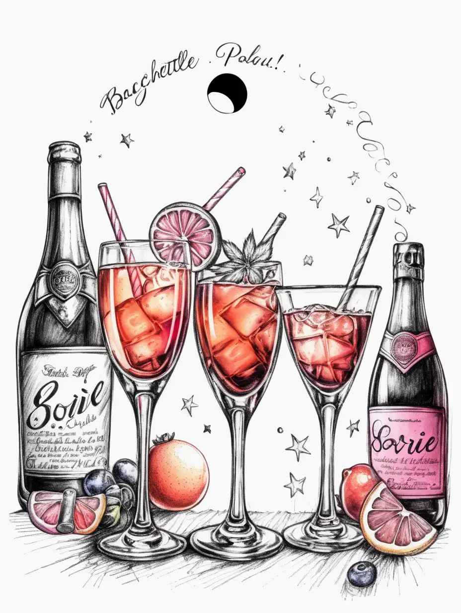 sketch Illustration of soirée drinks for bachelorette party with total eclipse on white backgr