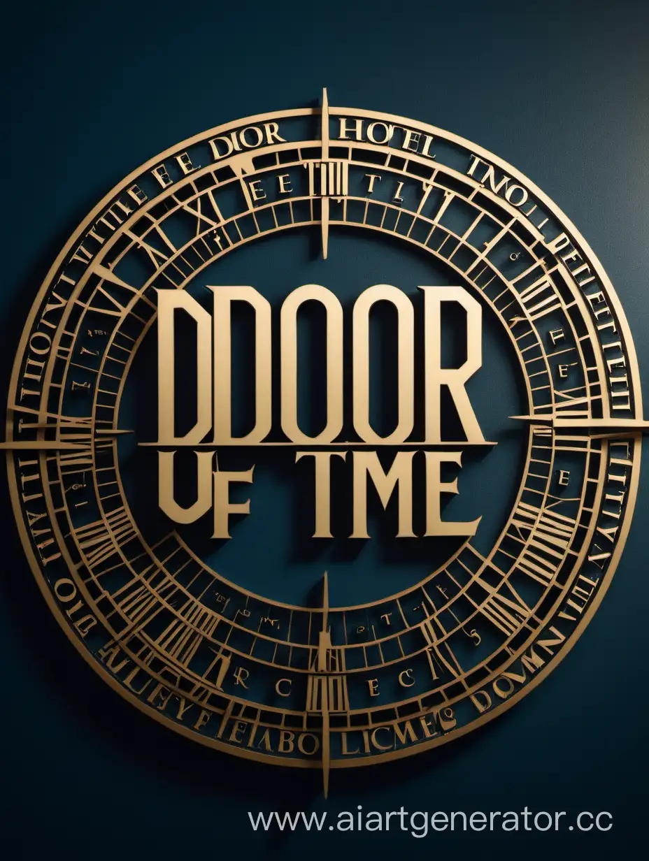 круглый логотип к Отелю с названием "дверь времени" , название большими четкими буквами на английском