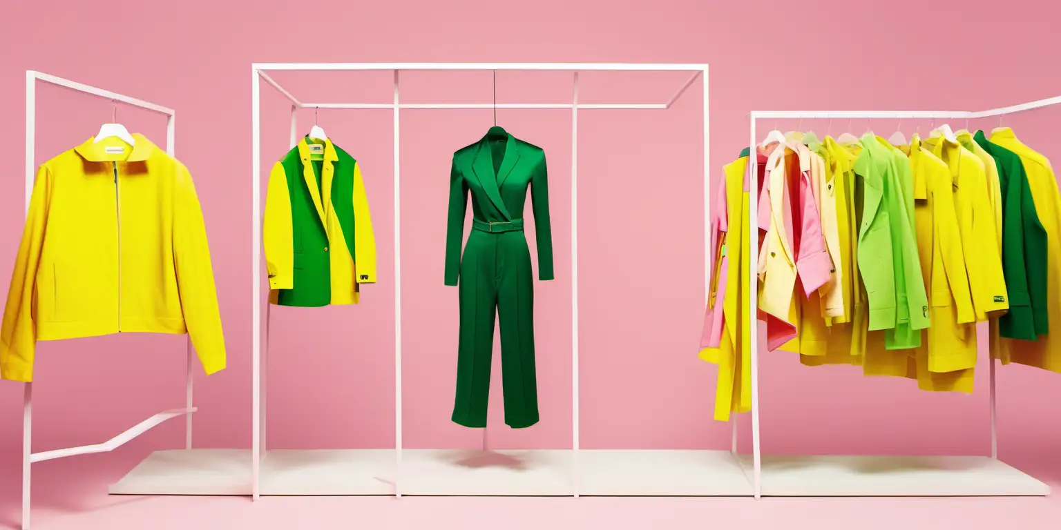 Vibrant Abstract Style Outfits in Pink Yellow and Green on White Background