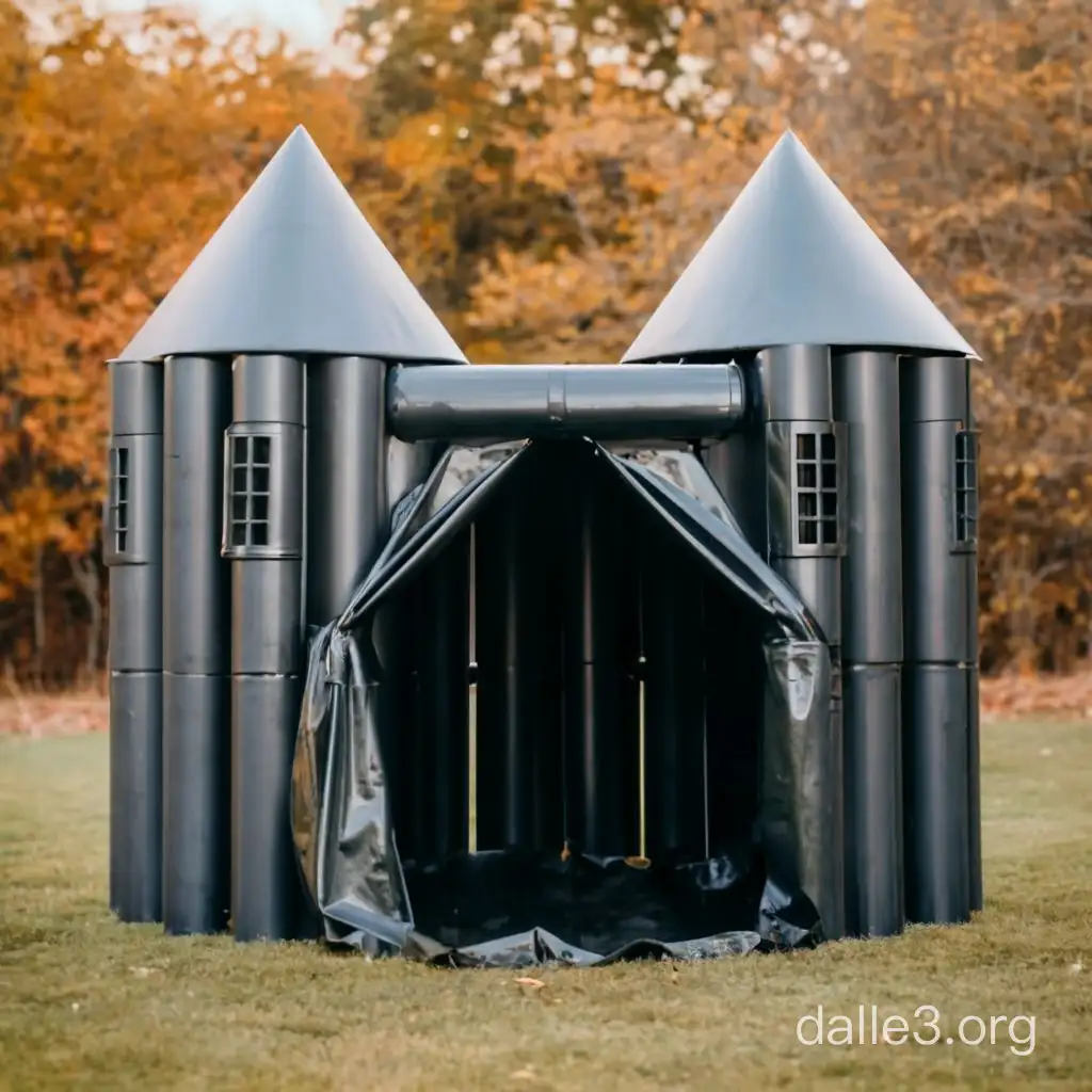 a picture of a batcave fort built from PVC pipes that has two openings that look like the opening of a tent and the back is square and tall enough for someone to walk in