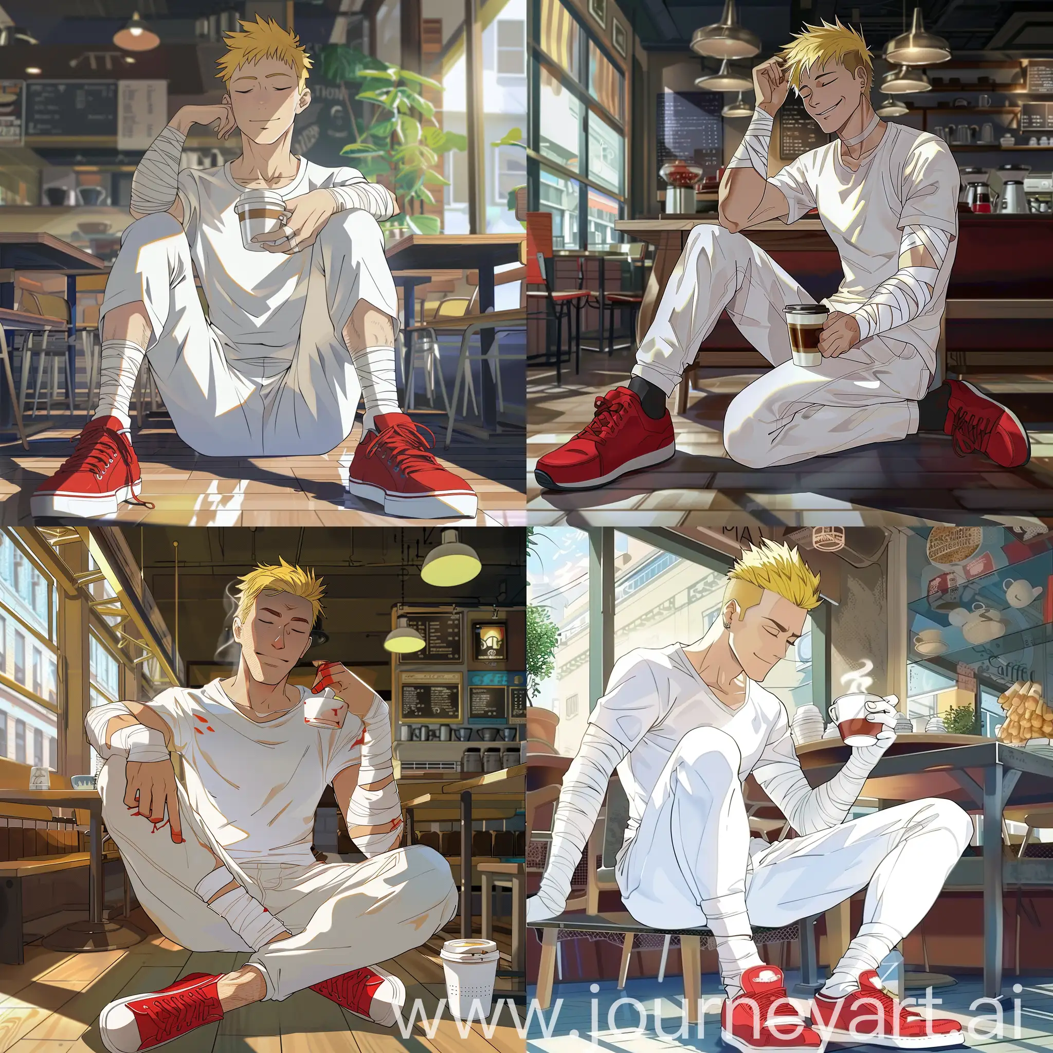 A man of mesomorphic physique tall height short yellow hair a slight smile closed eyes dressed in white bandages on the forearms white t-shirt white pants on his feet red sneakers sitting foot to foot in coffee house with a cup of coffee in his right hand, anime style