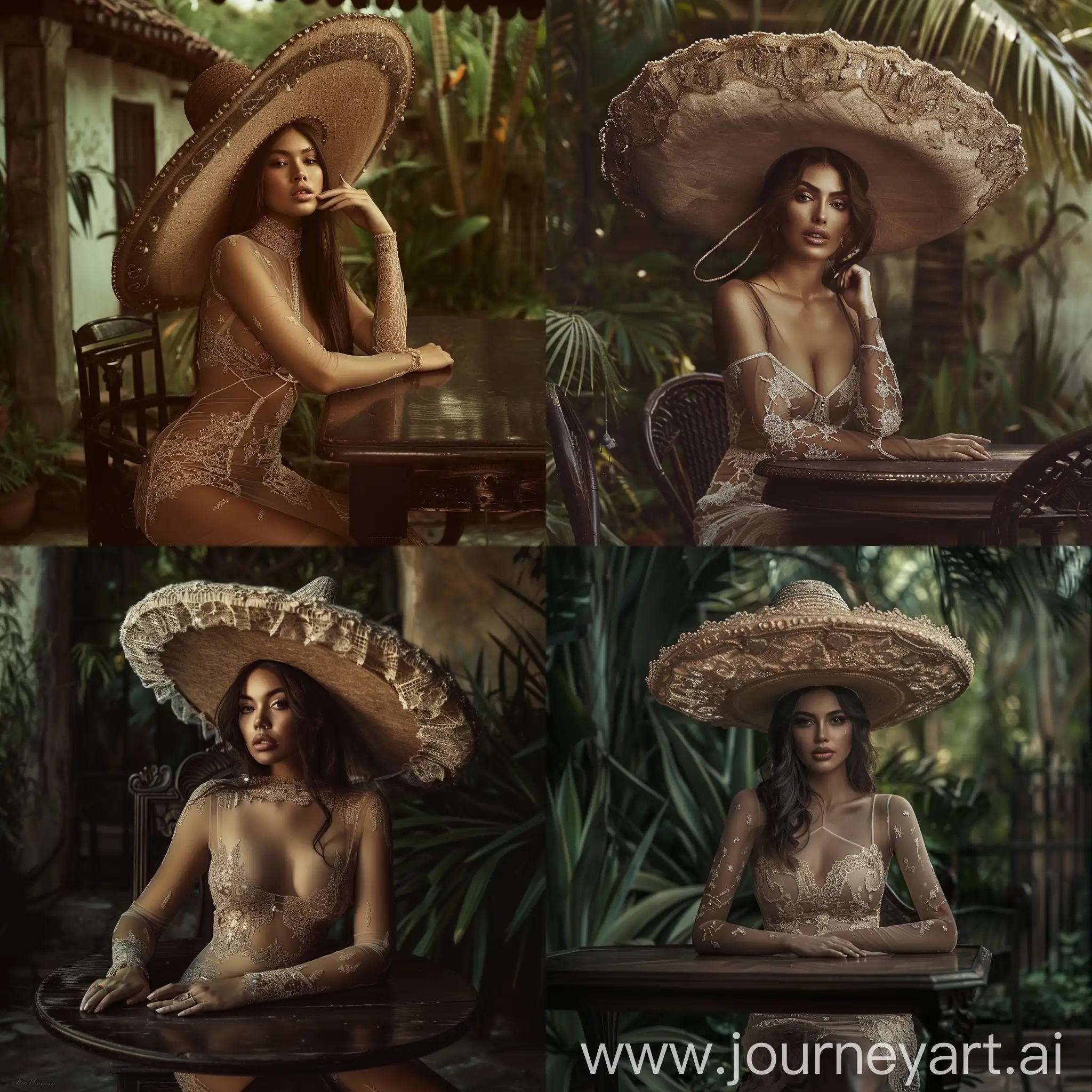 hour glass physique, brunette model, wearing a short laced sheer dress, wearing a large elegant women's sombrero hat, in an old colonial garden sitting at a dark wood table, the model dose not exist in real life