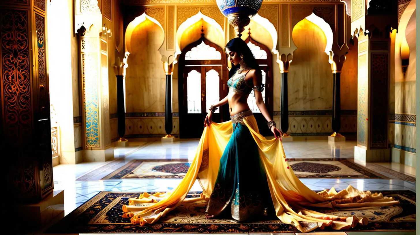 In the sumptuous halls of a distant oriental palace, an Arabian prince was enthroned, surrounded by grace and luxury, his eyes resting on a young girl full of youth and mystery, he 17-year-old girl, whose heart was filled with fear and curiosity in equal measure, recognized the challenge that lay ahead of her as she prepared to present the art of belly dancing to the prince and his guests, her eyes met the prince's dark eyes, which shone like twinkling stars in the night as she moved light-footedly and gracefully on the carpet of the finest Persian silk, the sounds of the exotic music that filled the air drove her to sway her hips and move her hands artfully in a symbiosis of elegance and passion. Every step, every twist, every bend of her limbs told a story of love, seduction and devotion as the prince followed her movements, spellbound and mesmerized, the walls of the palace seemed to echo the sound of her dance, and the exotic scents of flowers and spices enveloped her like a mystical veil.
