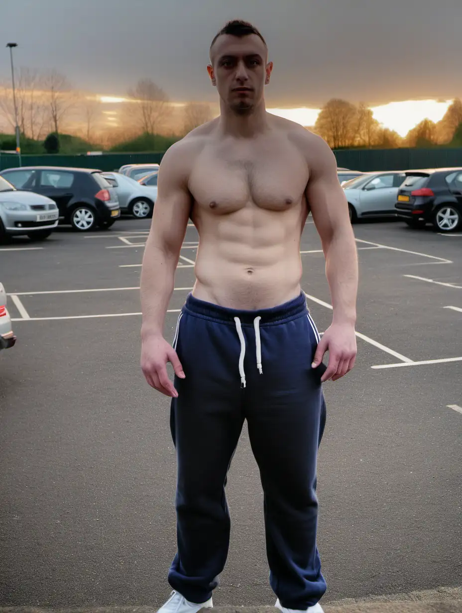 30 years old british fit chav, shirtless, wearing sweatpants, standing in parking lot in the evening