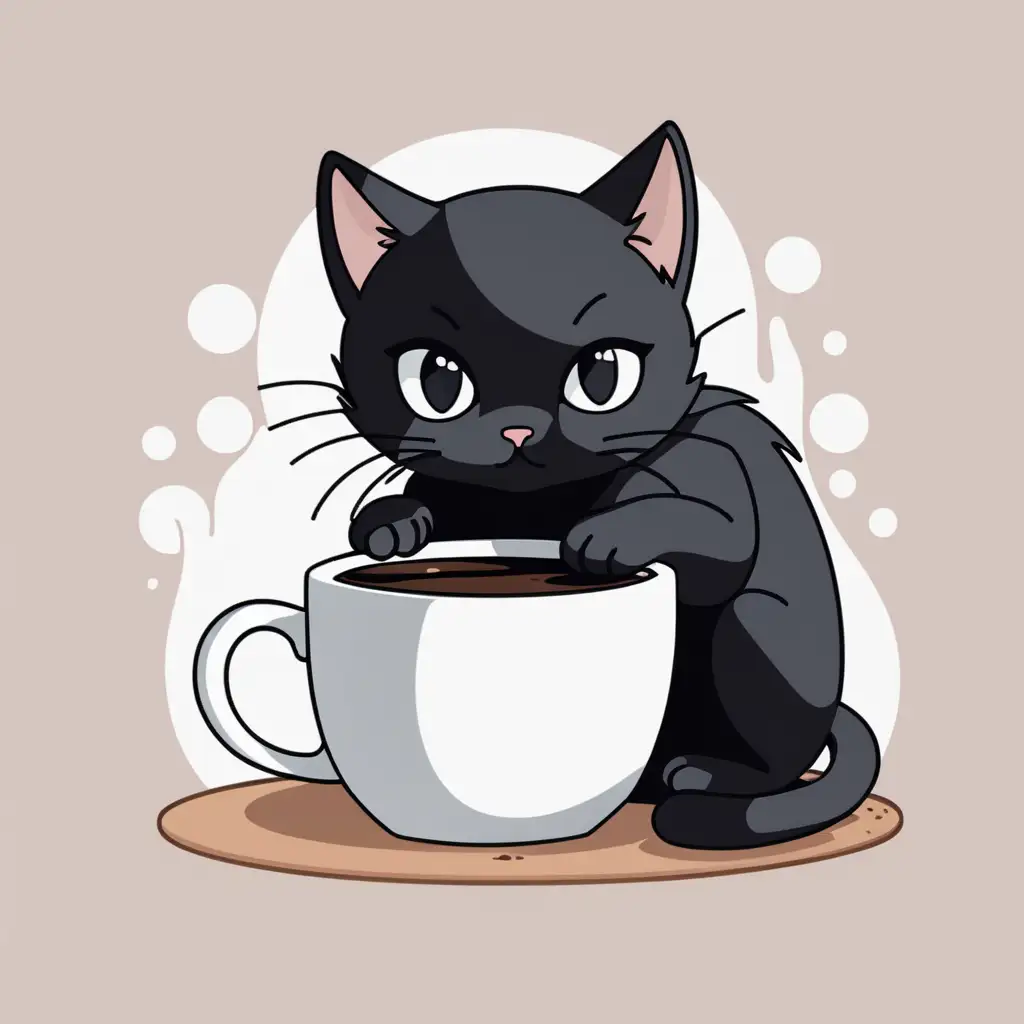 Create a 3000x3000 pixel canvas with a transparent background. Place a cute black cat illustration in an anime style near the center. The cat is snuggled up around a mug filled with fresh hot brewed black coffee. 