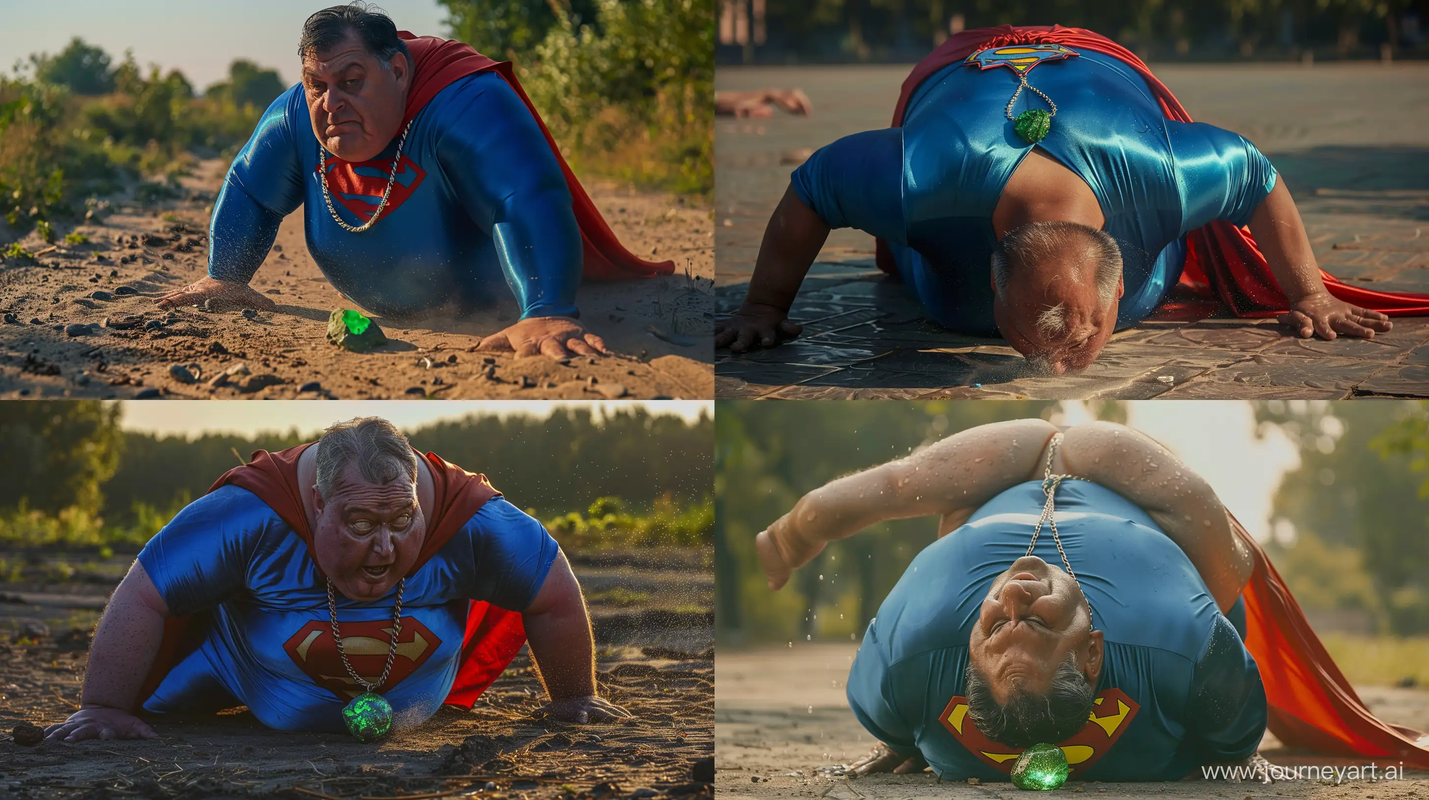 Back view close-up photo of a fat man aged 60 wearing a silk blue superman tight costume with a large red cape and a short chain necklace with a green glowing rock. Falling on his knees on the ground. He looks very weak and tired. Sweat all over his face. Clean. Outside. Summer. Noon. --style raw --ar 16:9