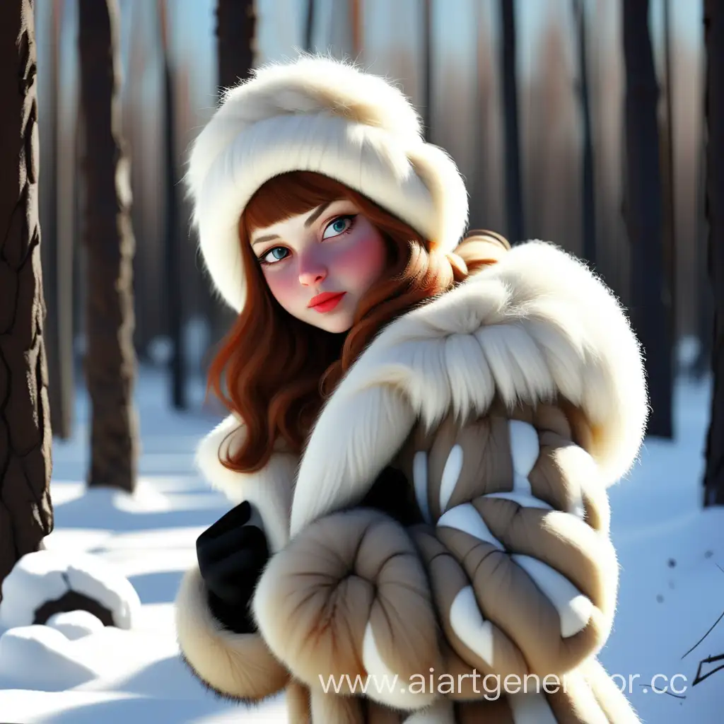 Девушка - январь месяц, в снежном лесу, в солнечную погоду, в яркой шубе, в шапке-ушанке
