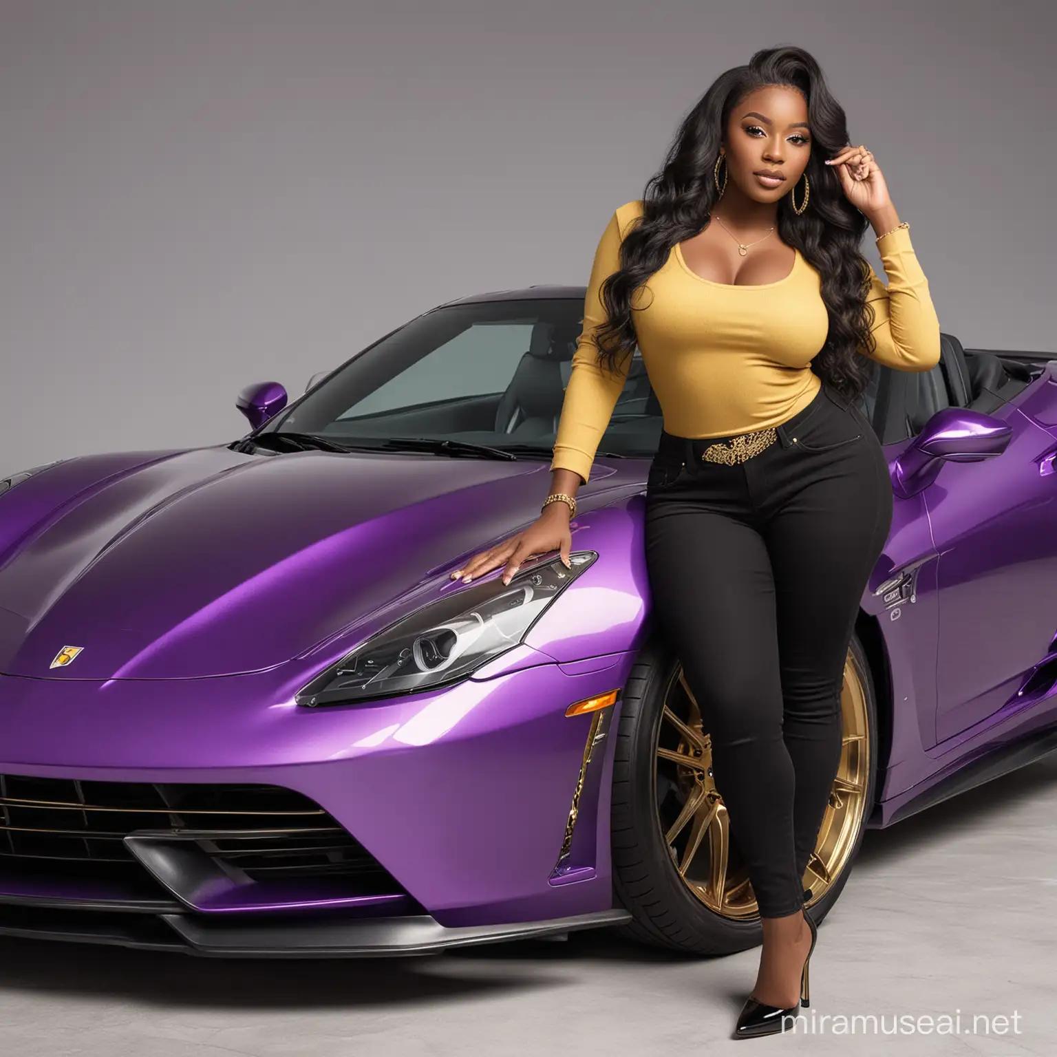 create a hyper realistic image of a beautiful curvy size African American woman with long black wavy hair wearing gold jewelry and a purple top with black  jeans and purple and black stilettos. she's leaning on a purple sport car.