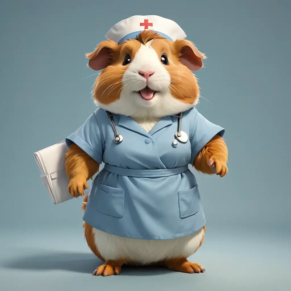 a happy Guinea pig in cartoon style in full body as nurse clothes with clear background