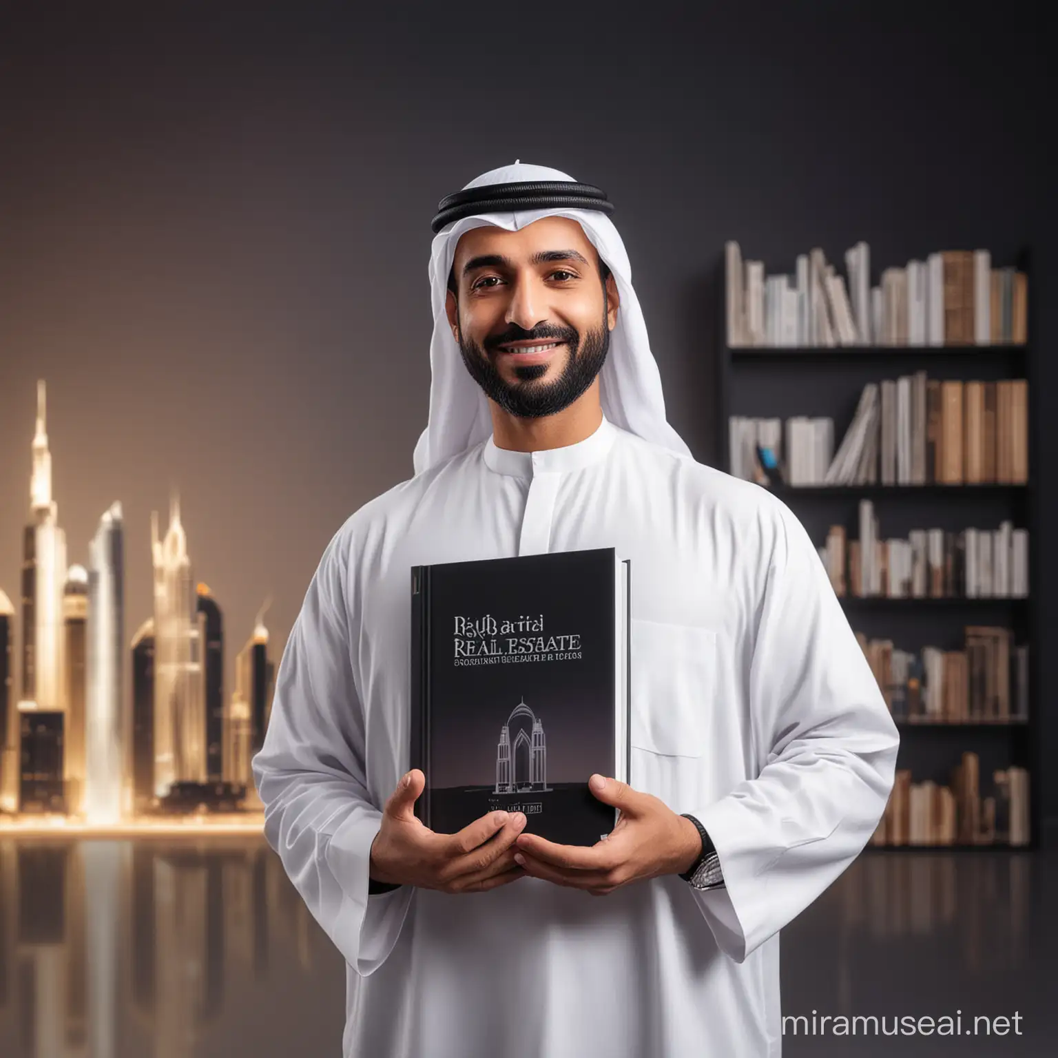 Dubai sheikh holding book of real estate guide with modern dark gradient studio room blurred background