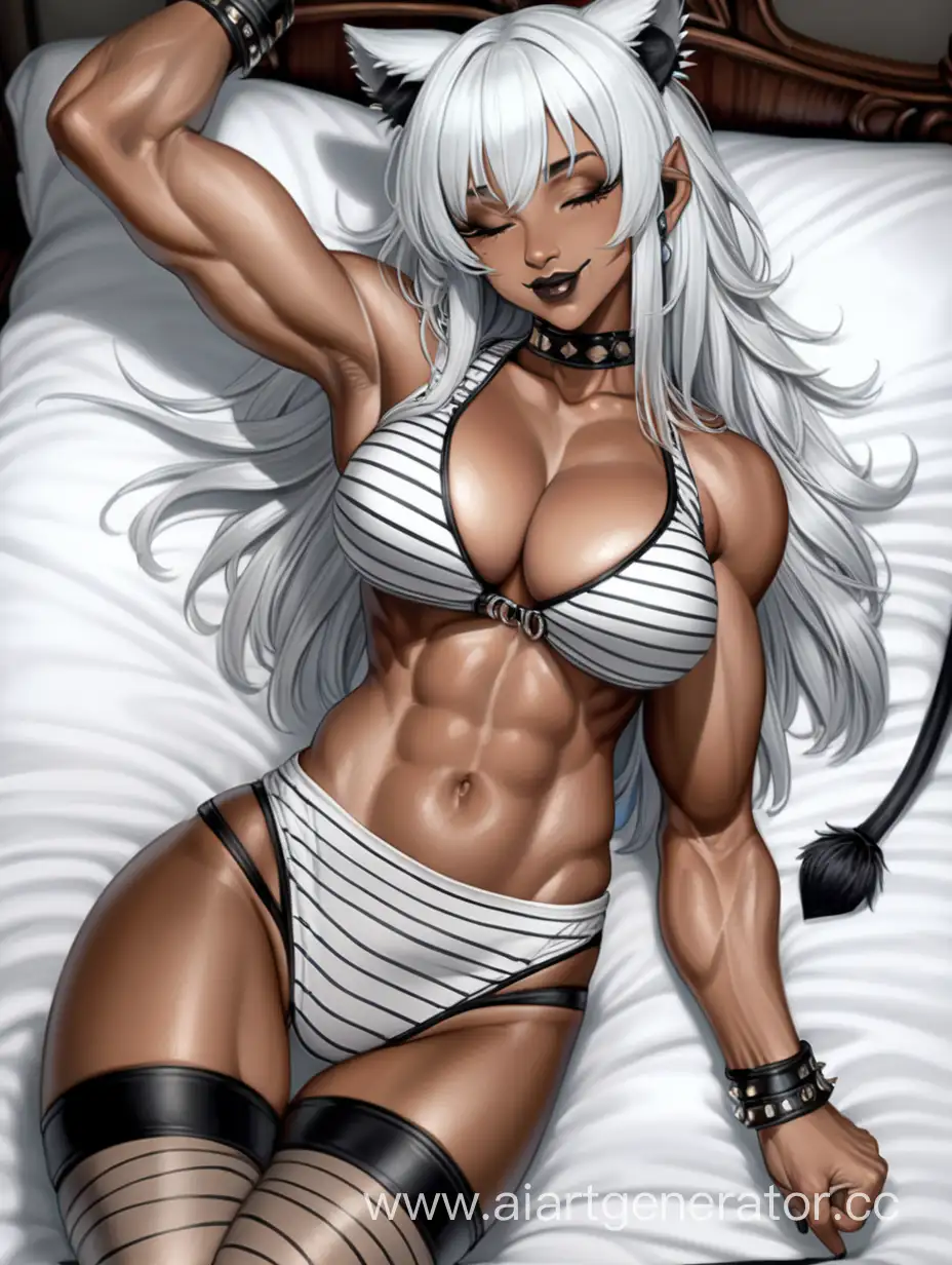 Above View, Laying down on bed, Sleeping, 1 Person, Women, Beastwomen, Tiger Ears, White Hair, Black Striped Hair, Long Hair, Spiky Hairstly, Dark Ebony Brown Skin, White Shirt, Black pnaties,  Perfect hands, five finger, Choker, Black Lipstick, Seriuos Smile, Brown Eyes, Sharp Eyes, Tall Body, Massive Breasts, Muscular Detailed Arms, Muscular Legs, Well-toned Body, Muscular Body, Well-toned Abs, Hard Abs, Detailed Abs,  Tiger Stripes,  Striped stockings, 