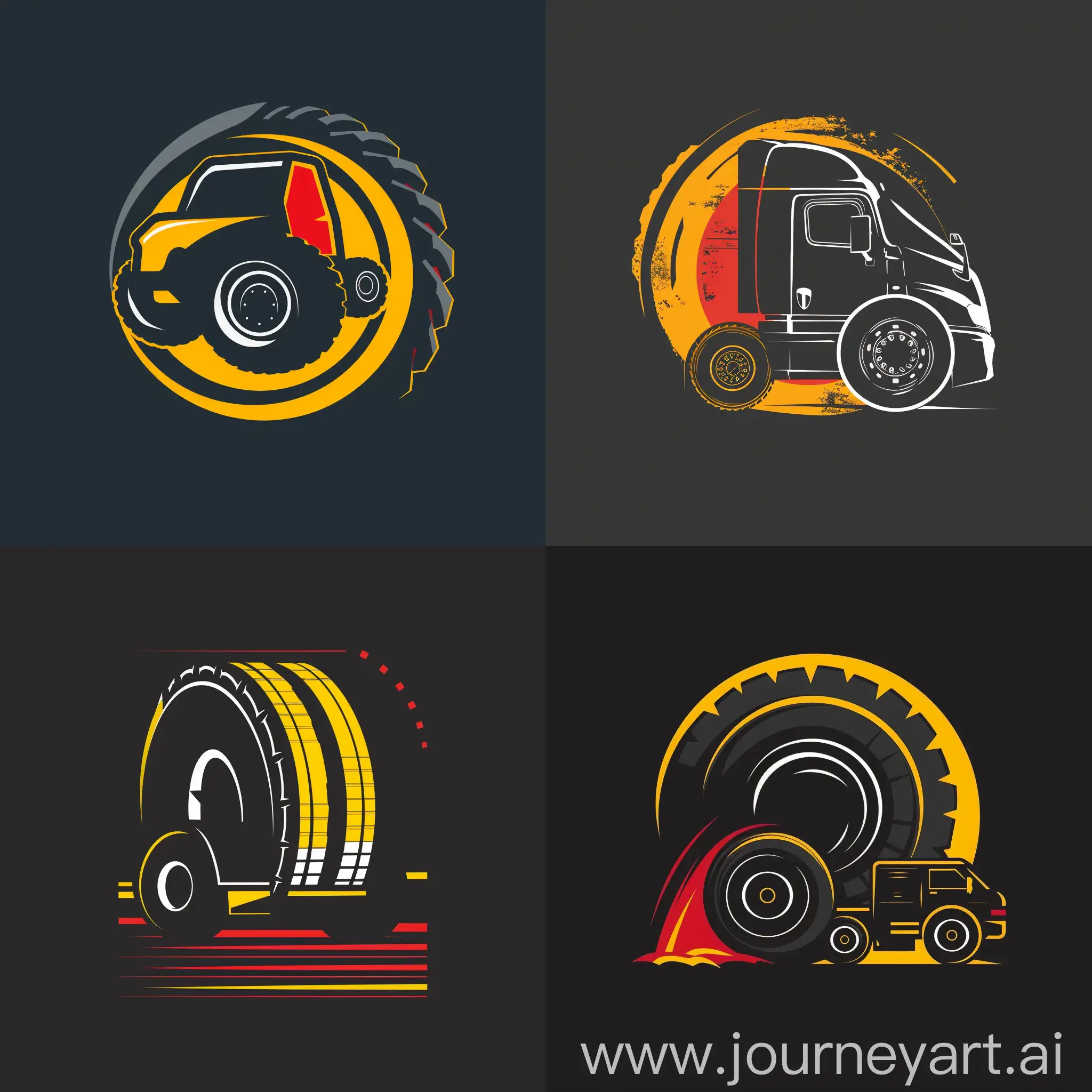 Create a logo for an auto repair shop specializing in tire repair and maintenance of both trucks and passenger cars. Keep in mind that the business is focused on high-quality repair and maintenance related to the concepts of speed, quality, efficiency, economy and capacity. Use contrasting bright colors such as dark gray, yellow and red. The logo should be recognizable, attention-grabbing hand minimalistic, including text. Include a combination of a tire and a truck in the logo design.