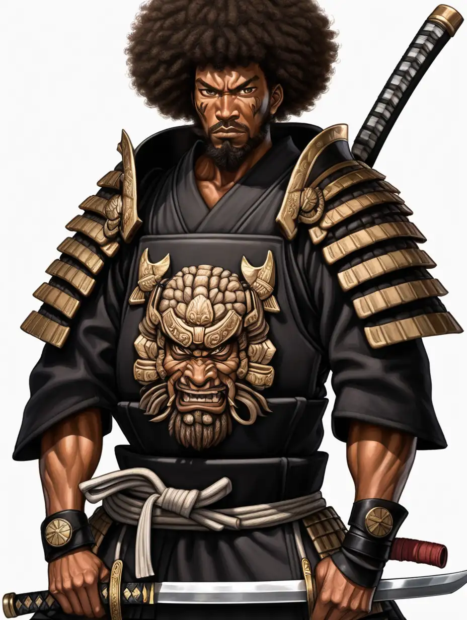 Brown skin samurai male, all black samurai armor, big black wild Afro, beard, holding katana, samurai hat